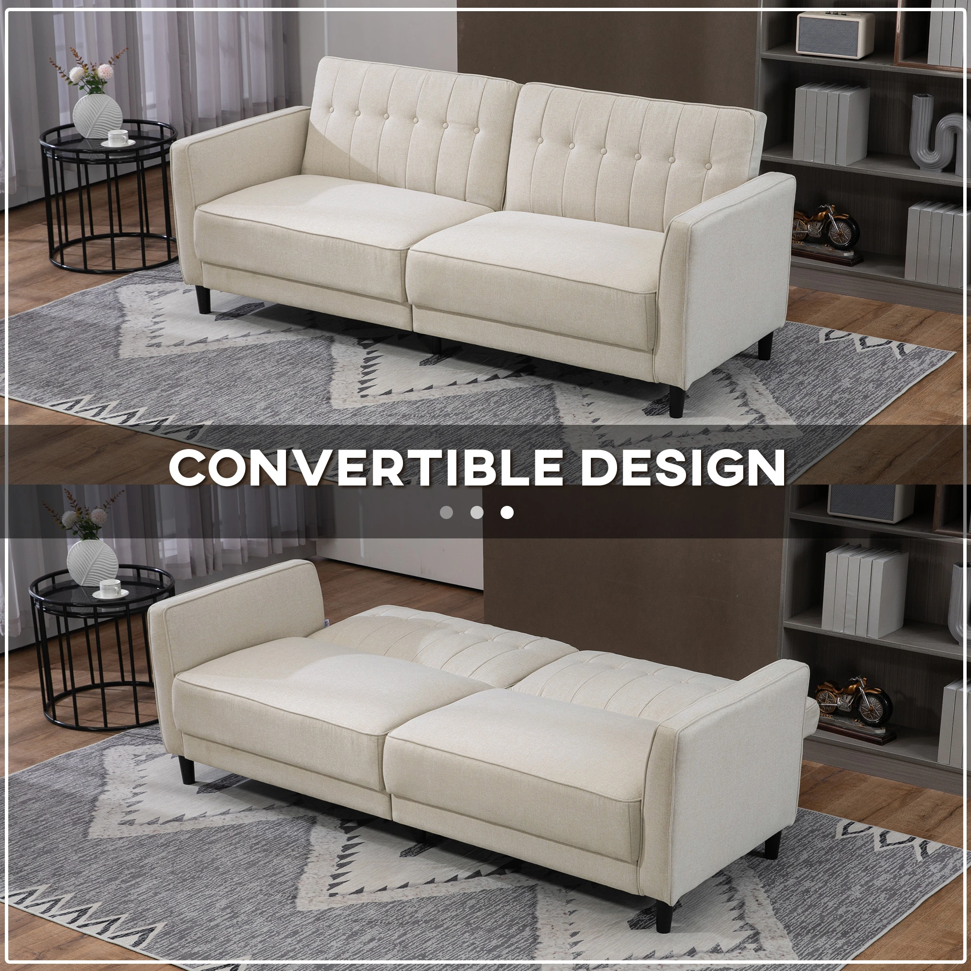 Convertible Bed with Couch, Button Tufted Fabric Sofa Bed with Adjustable Back for Living Room