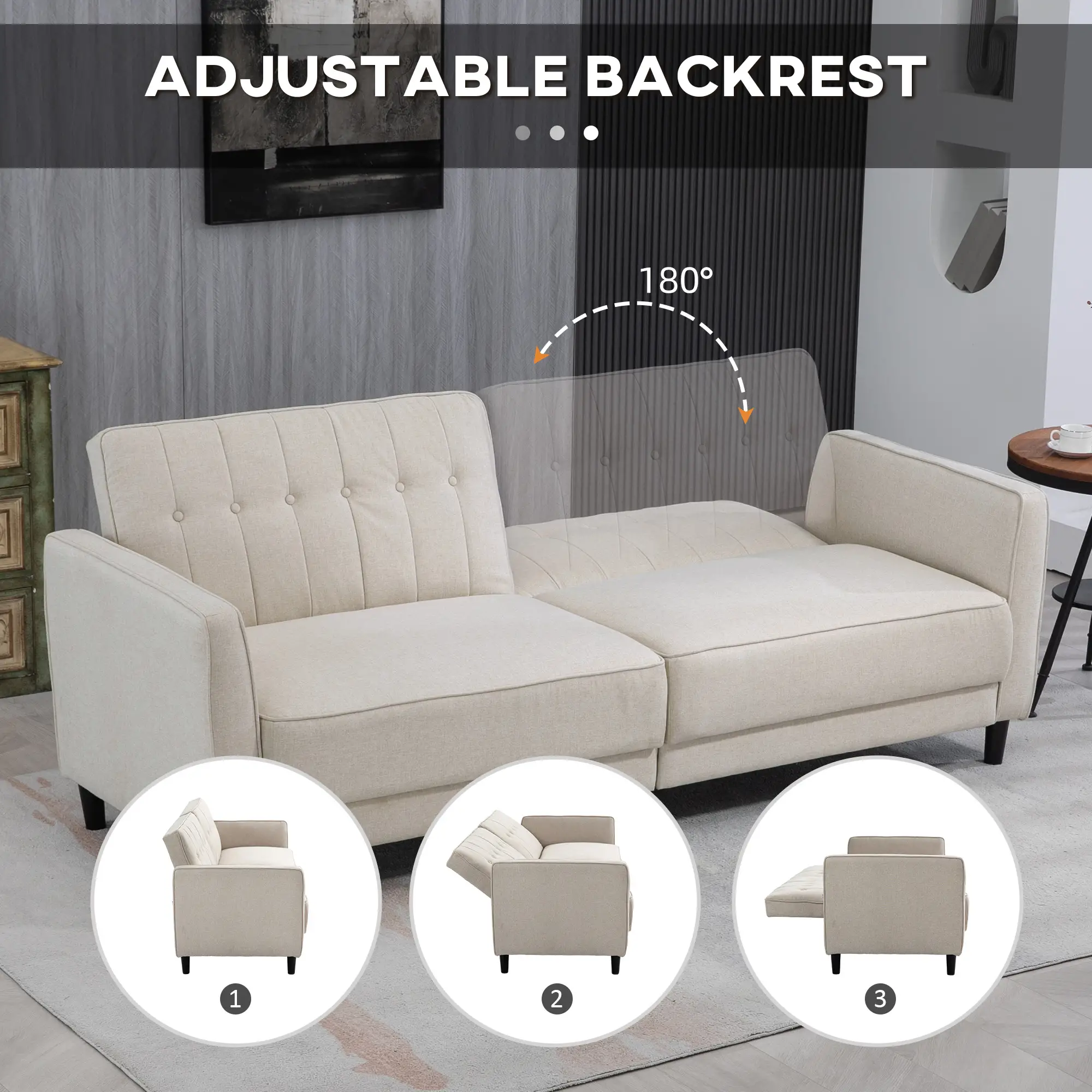 Convertible Bed with Couch, Button Tufted Fabric Sofa Bed with Adjustable Back for Living Room