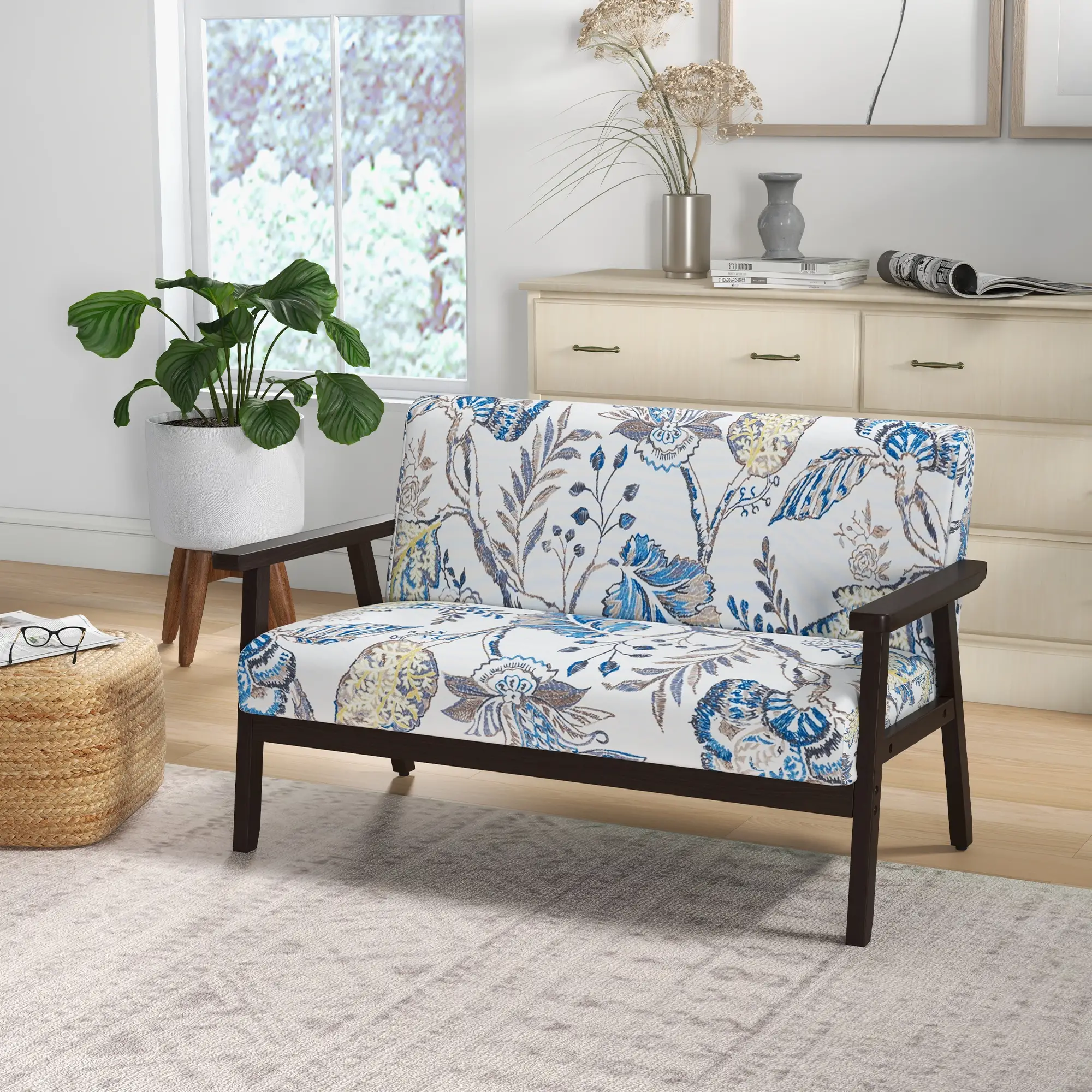 Compact Loveseat Sofa Couch Linen Fabric Double Seat Sofa with Rubber Wood Legs