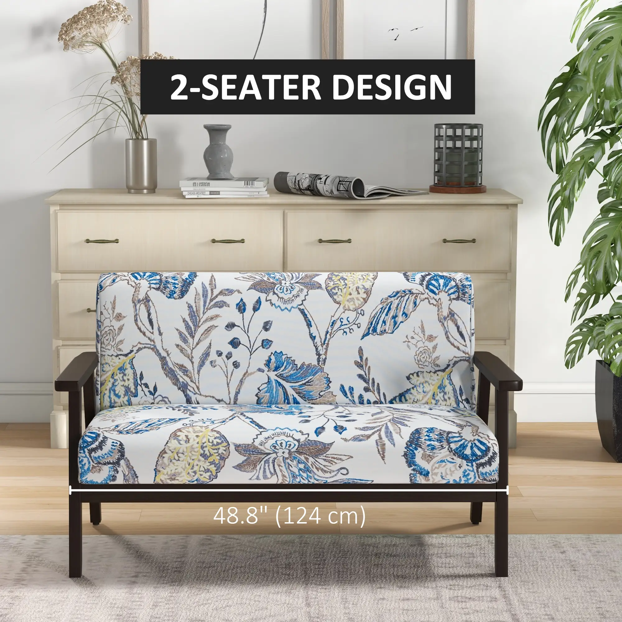 Compact Loveseat Sofa Couch Linen Fabric Double Seat Sofa with Rubber Wood Legs