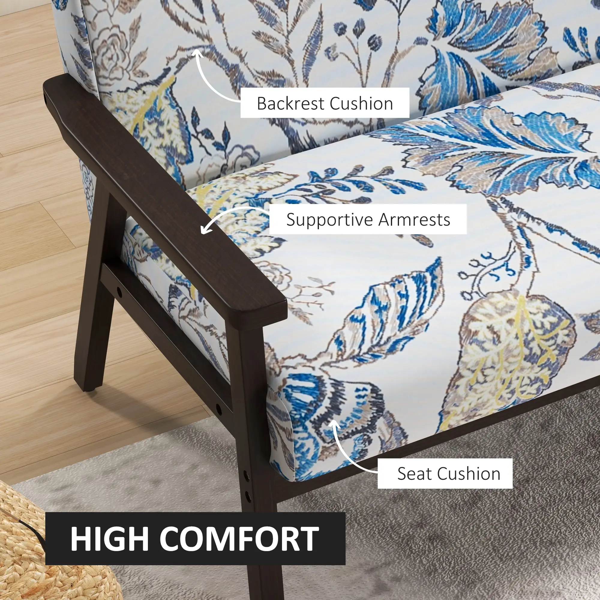 Compact Loveseat Sofa Couch Linen Fabric Double Seat Sofa with Rubber Wood Legs