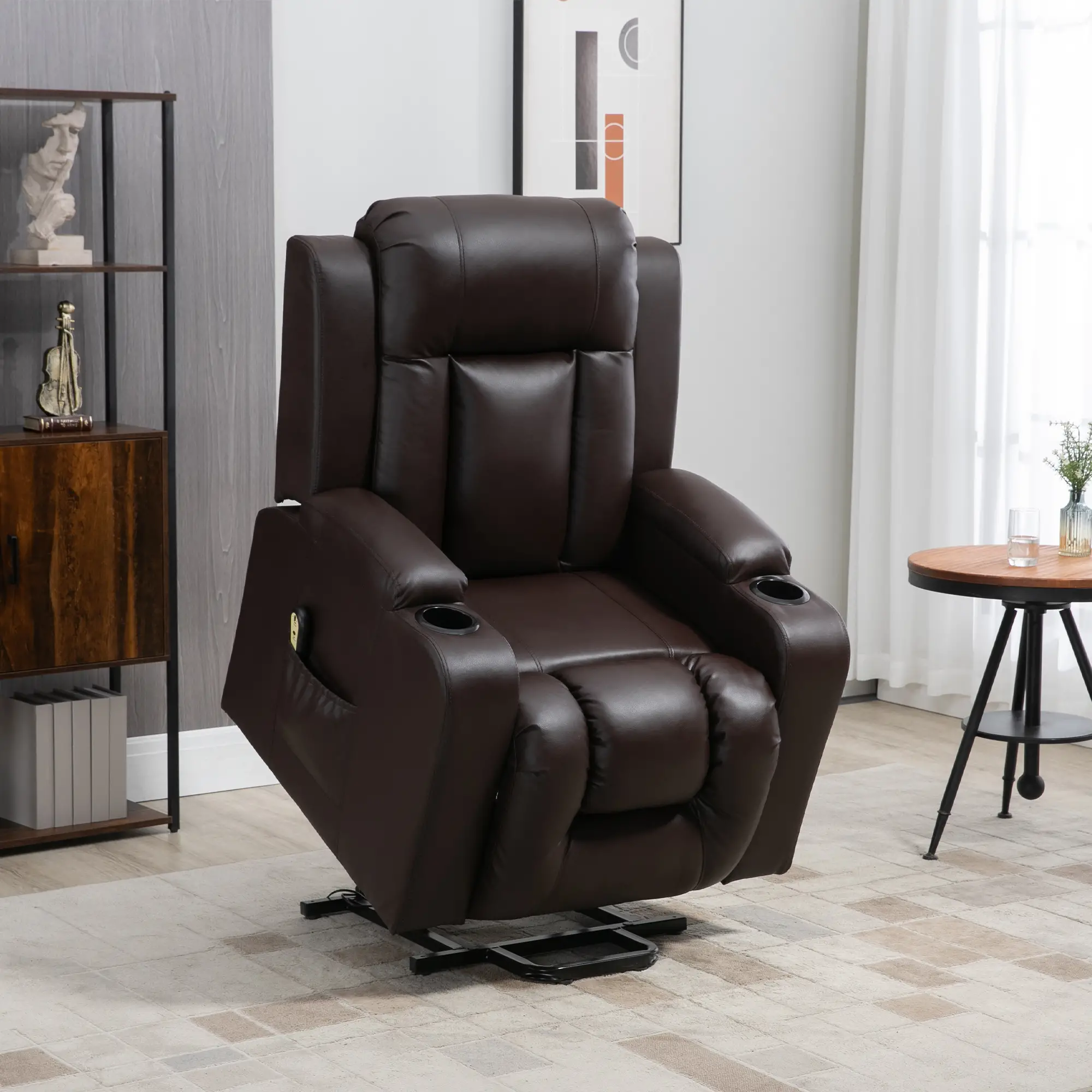 Electric Power Lift Chair, PU Leather Recliner Sofa with Footrest, Remote Control and Cup Holders