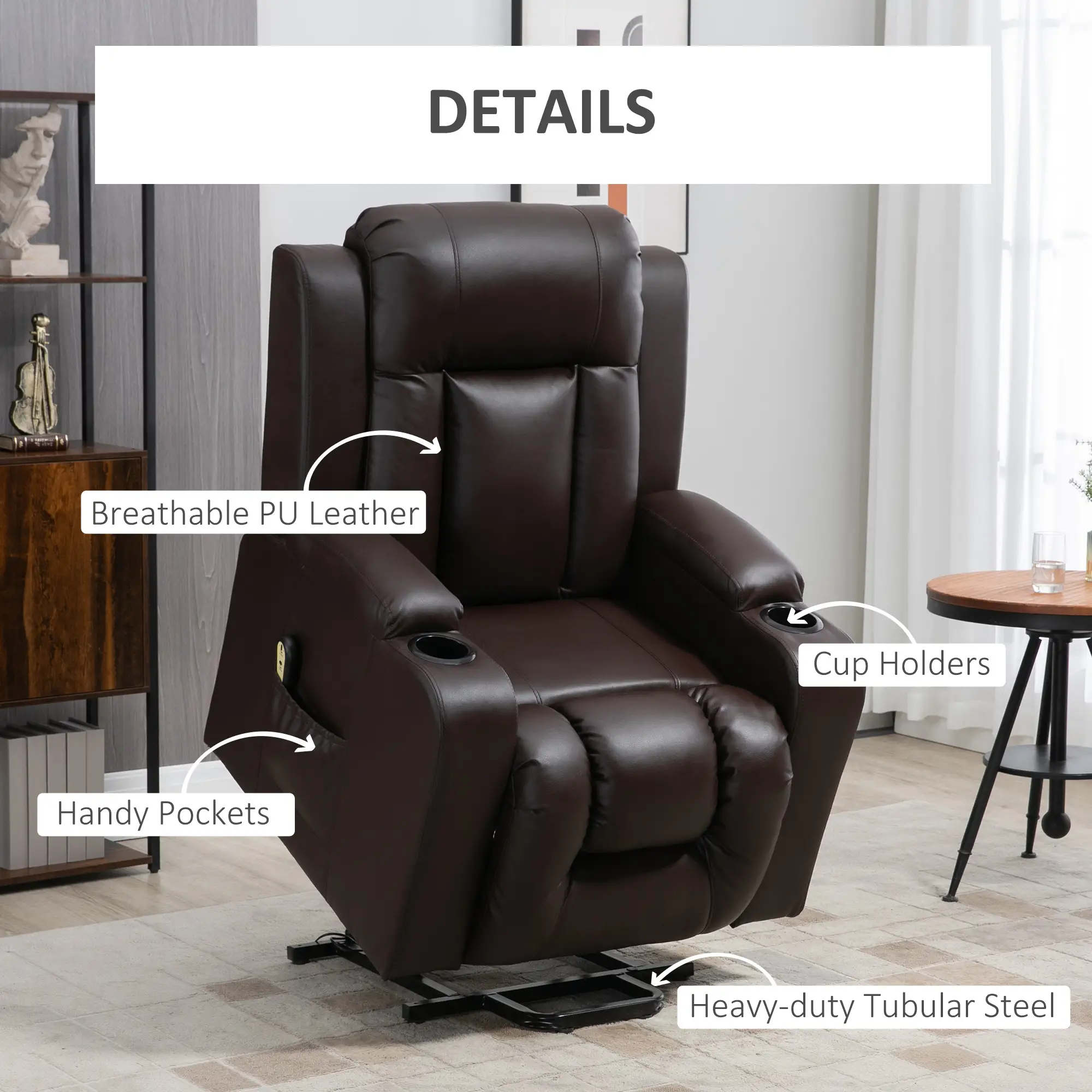Electric Power Lift Chair, PU Leather Recliner Sofa with Footrest, Remote Control and Cup Holders
