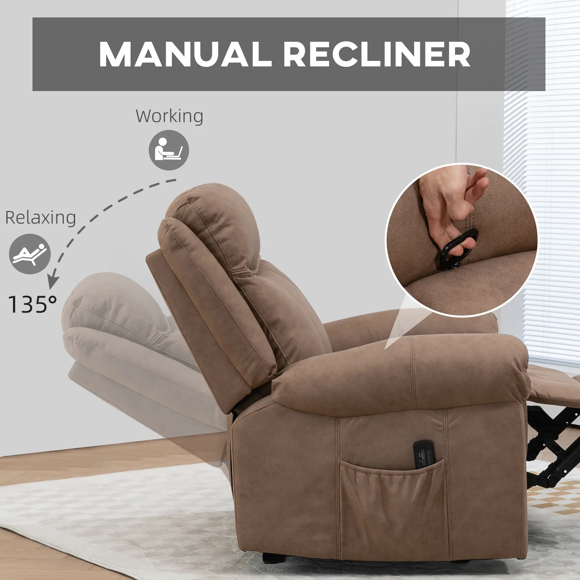 Manual Recliner Chair with Vibration Massage, Side Pockets, Microfibre Reclining Chair 
