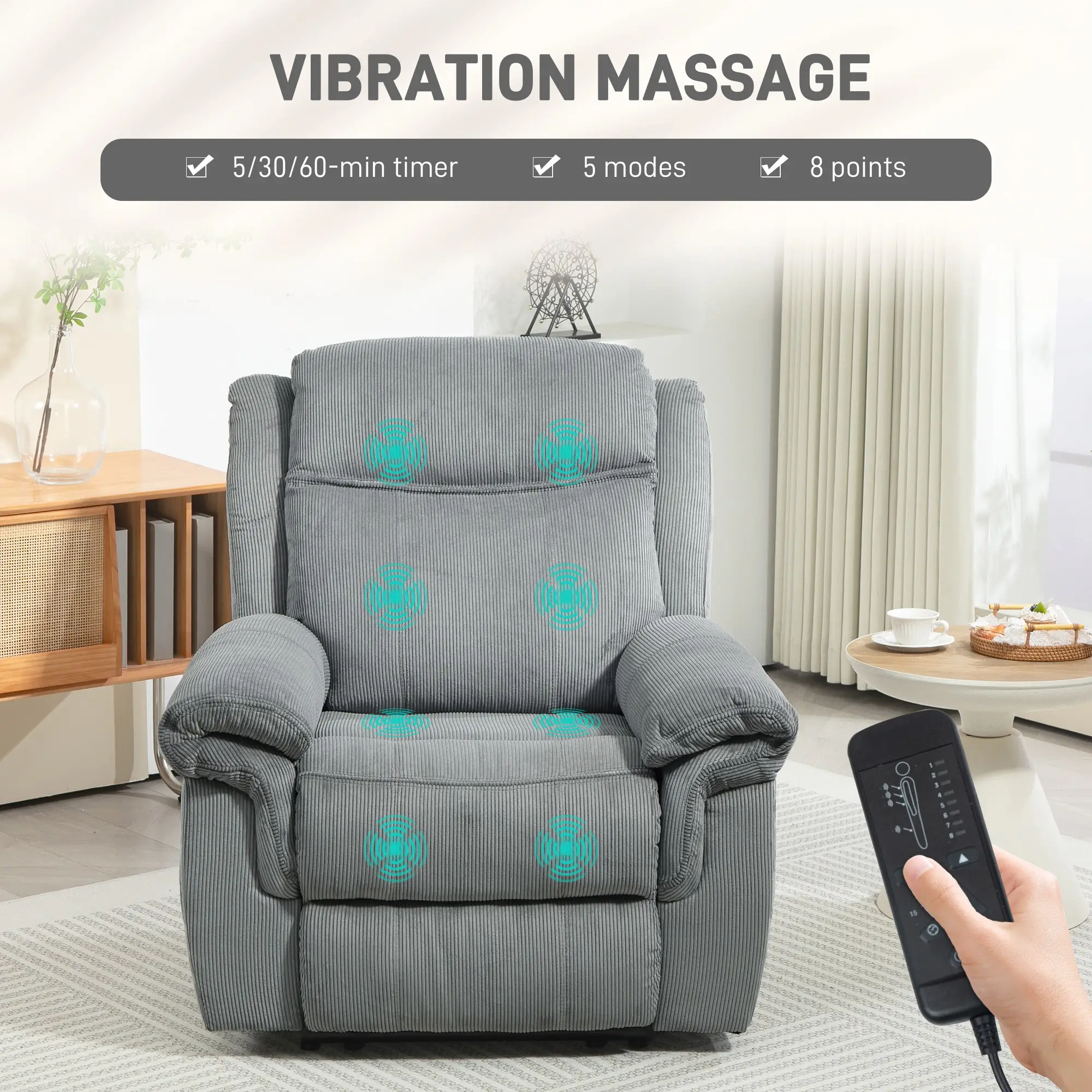 Manual Recliner Chair with Vibration Massage, Side Pockets, Corduroy Reclining Chair 
