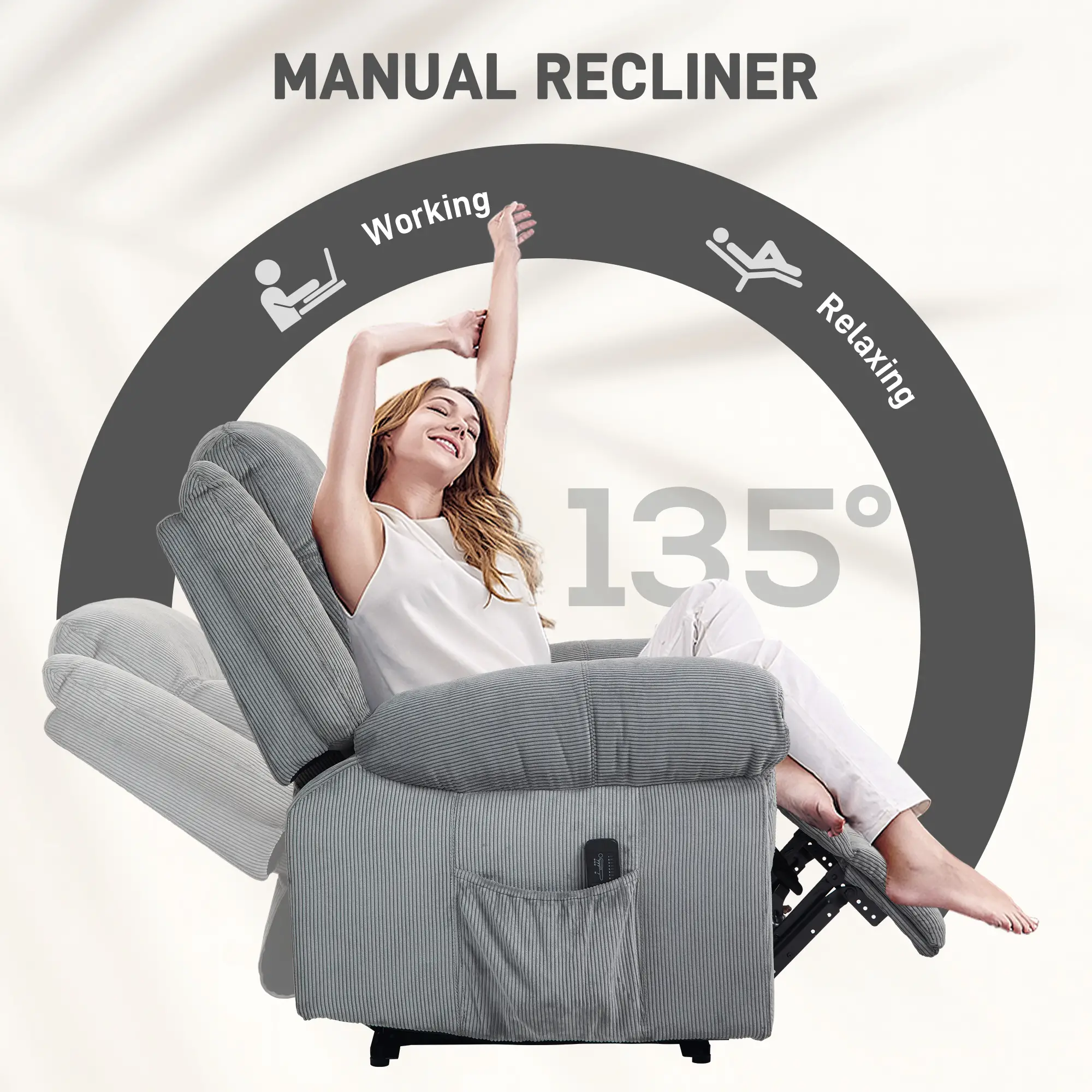 Manual Recliner Chair with Vibration Massage, Side Pockets, Corduroy Reclining Chair 
