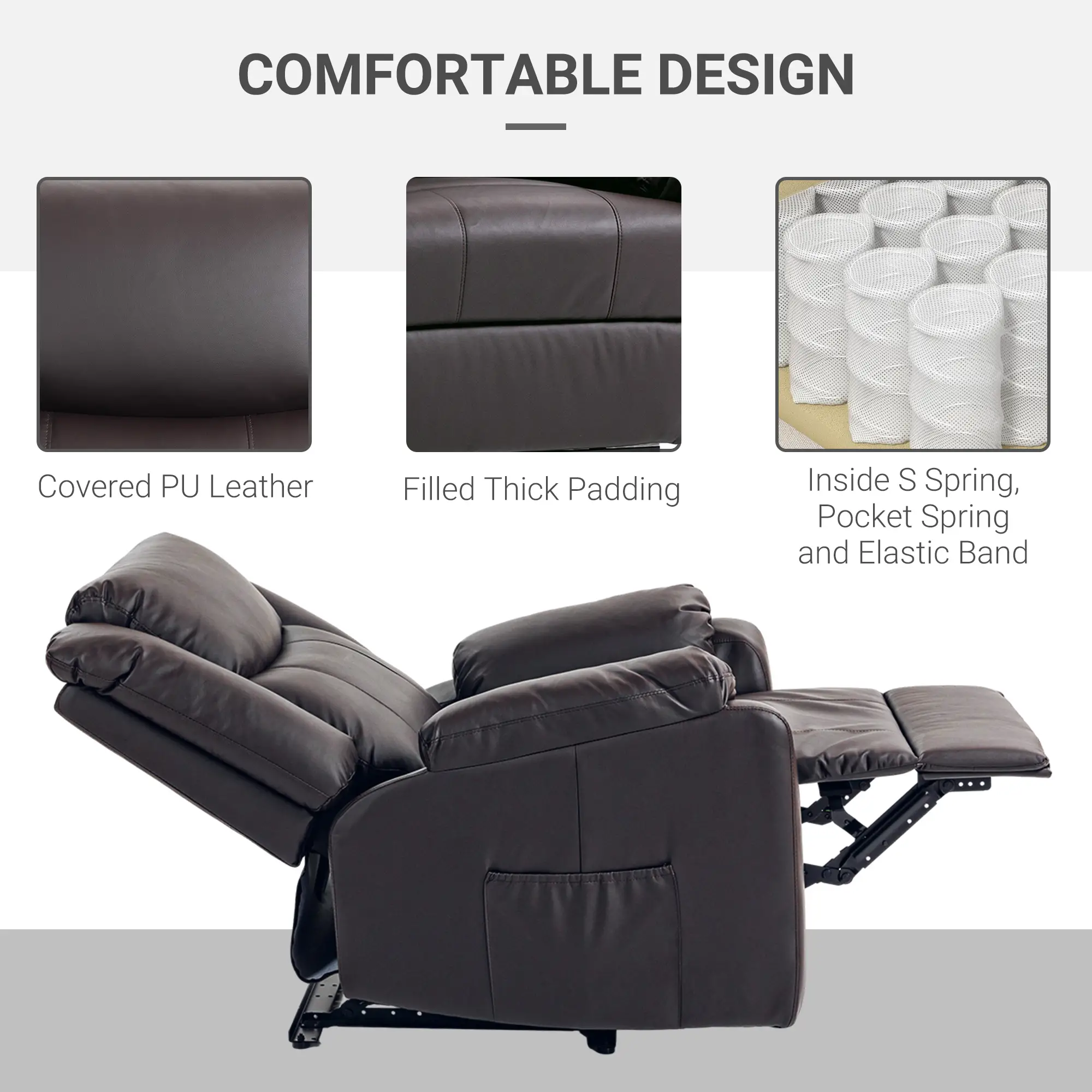 PU Leather Reclining Chair, Recliner Chair for Living Room with Footrest and 2 Side Pockets