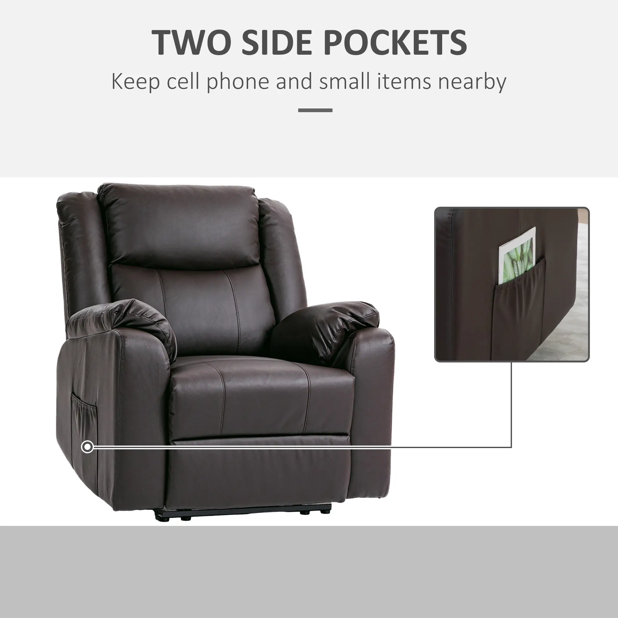 PU Leather Reclining Chair, Recliner Chair for Living Room with Footrest and 2 Side Pockets