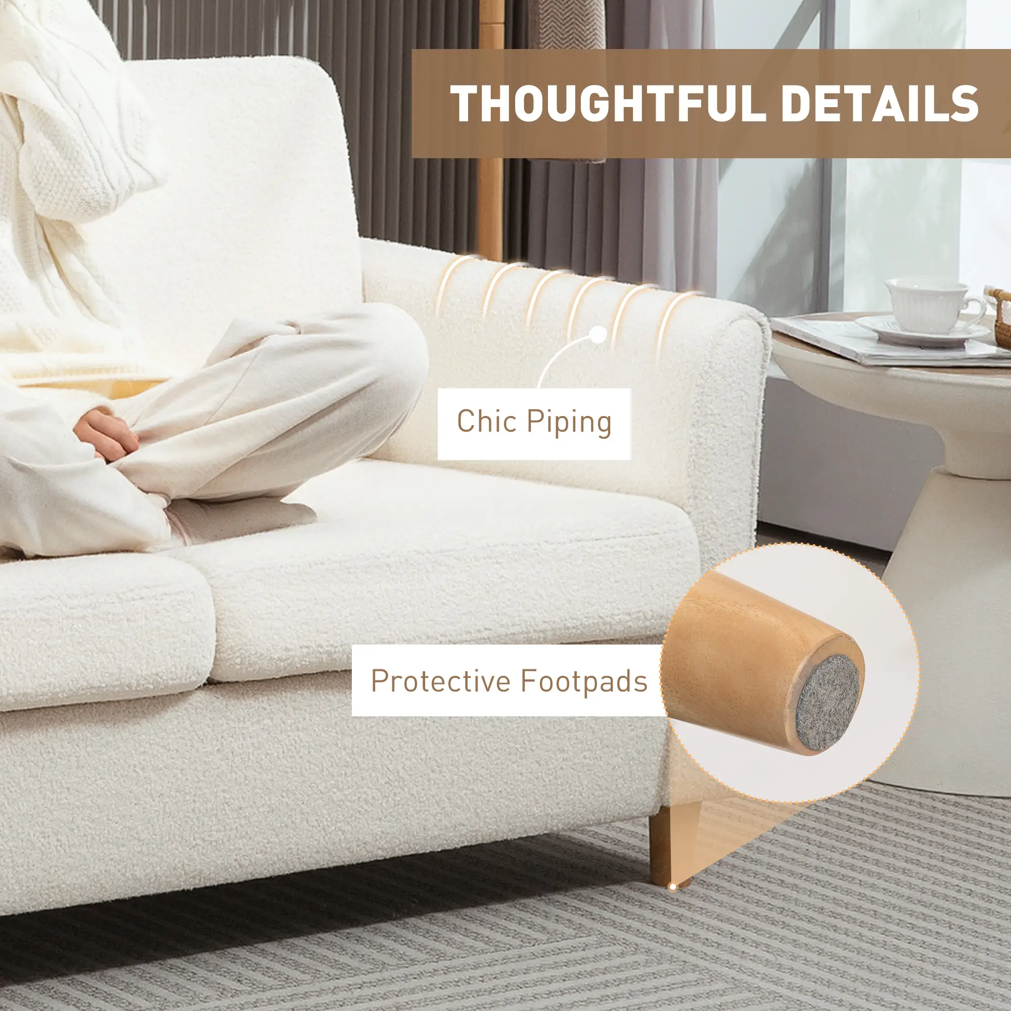 2-Seat Sofa Two-Seater Couch with Armrests and Wood Legs