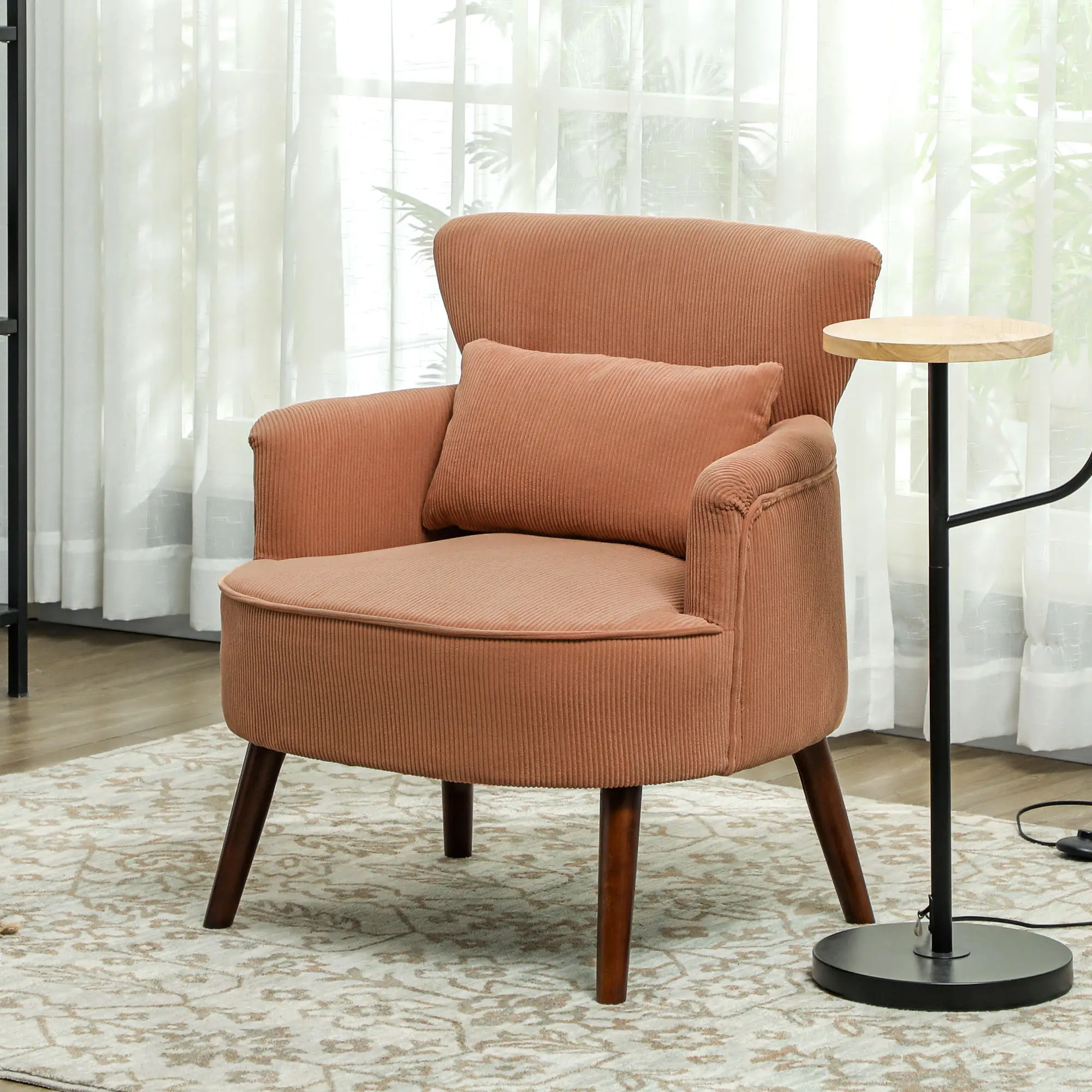 Modern Accent Chair, Upholstered Armchair with Solid Wood Legs and Lumbar Pillow for Living Room