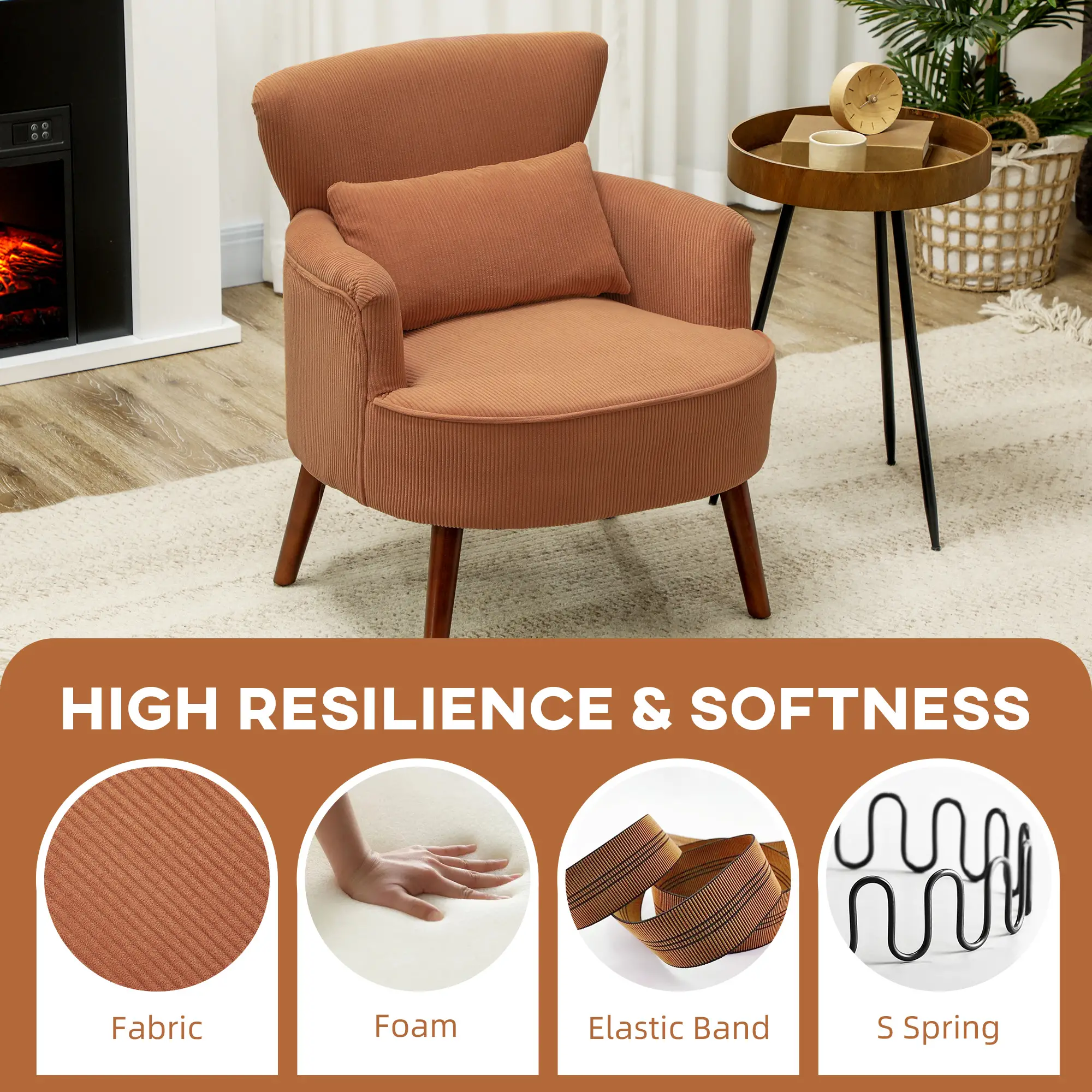 Modern Accent Chair, Upholstered Armchair with Solid Wood Legs and Lumbar Pillow for Living Room