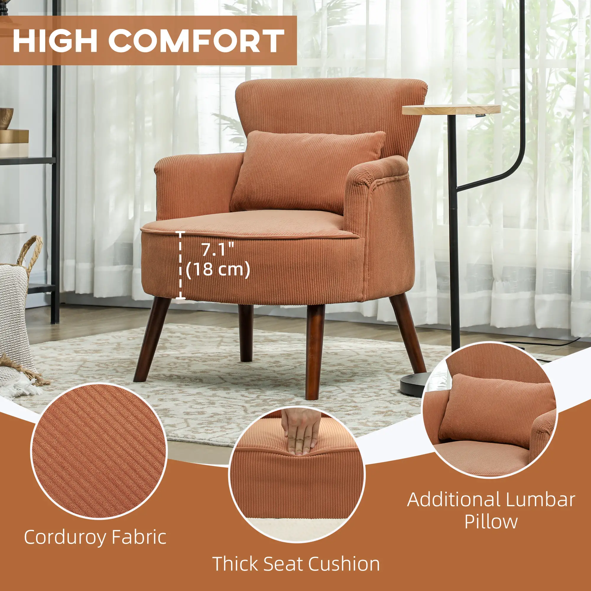 Modern Accent Chair, Upholstered Armchair with Solid Wood Legs and Lumbar Pillow for Living Room
