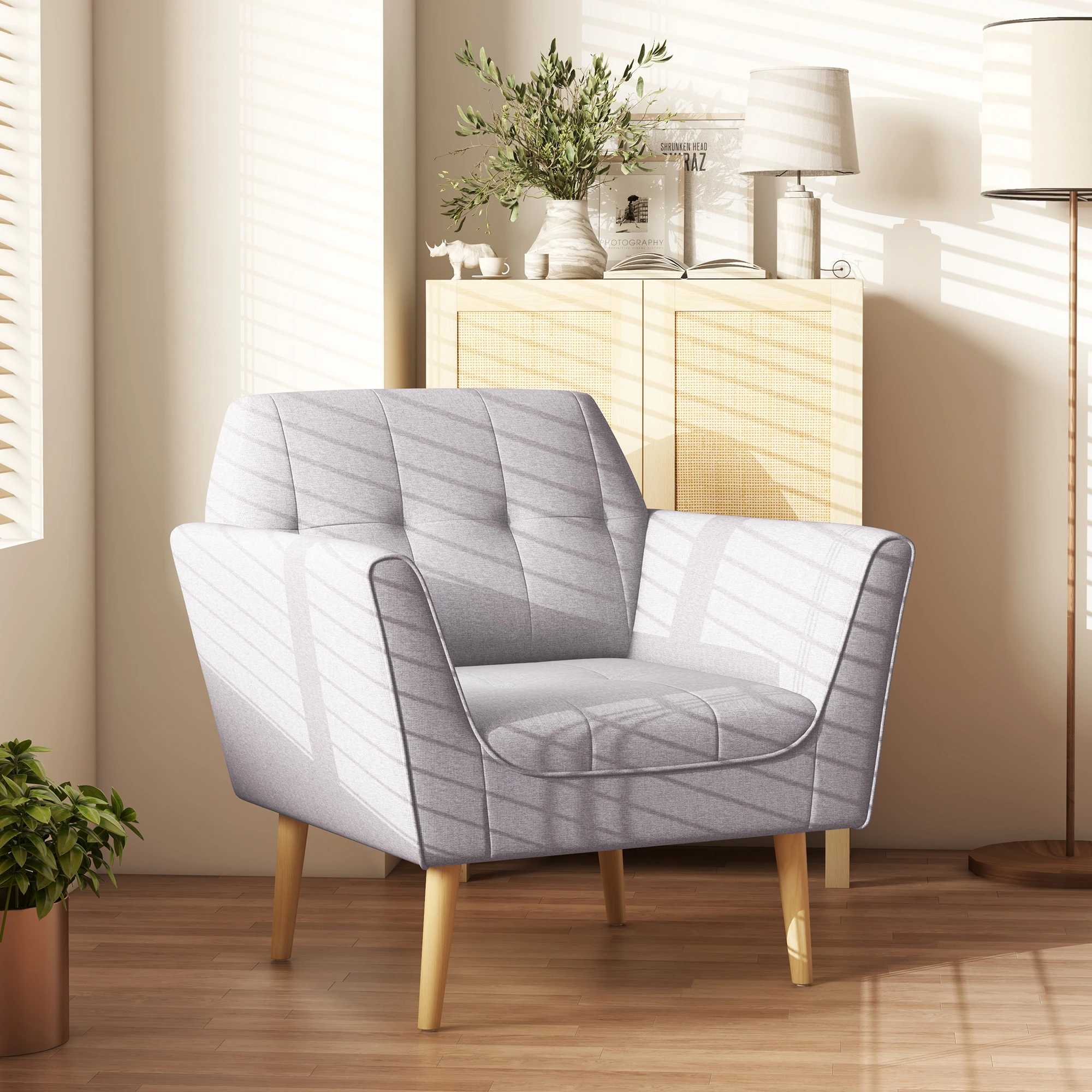 Upholstered Armchair, Modern Accent Chair with Tufted Pattern, Rubber Wood Legs