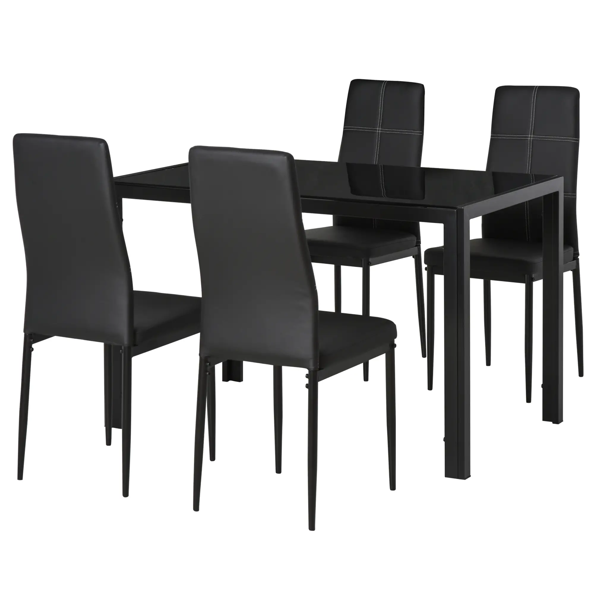5-Piece Rectangular Glass Kitchen Table and Chairs with Metal Frame and Faux Leather Upholstery for Dining Room