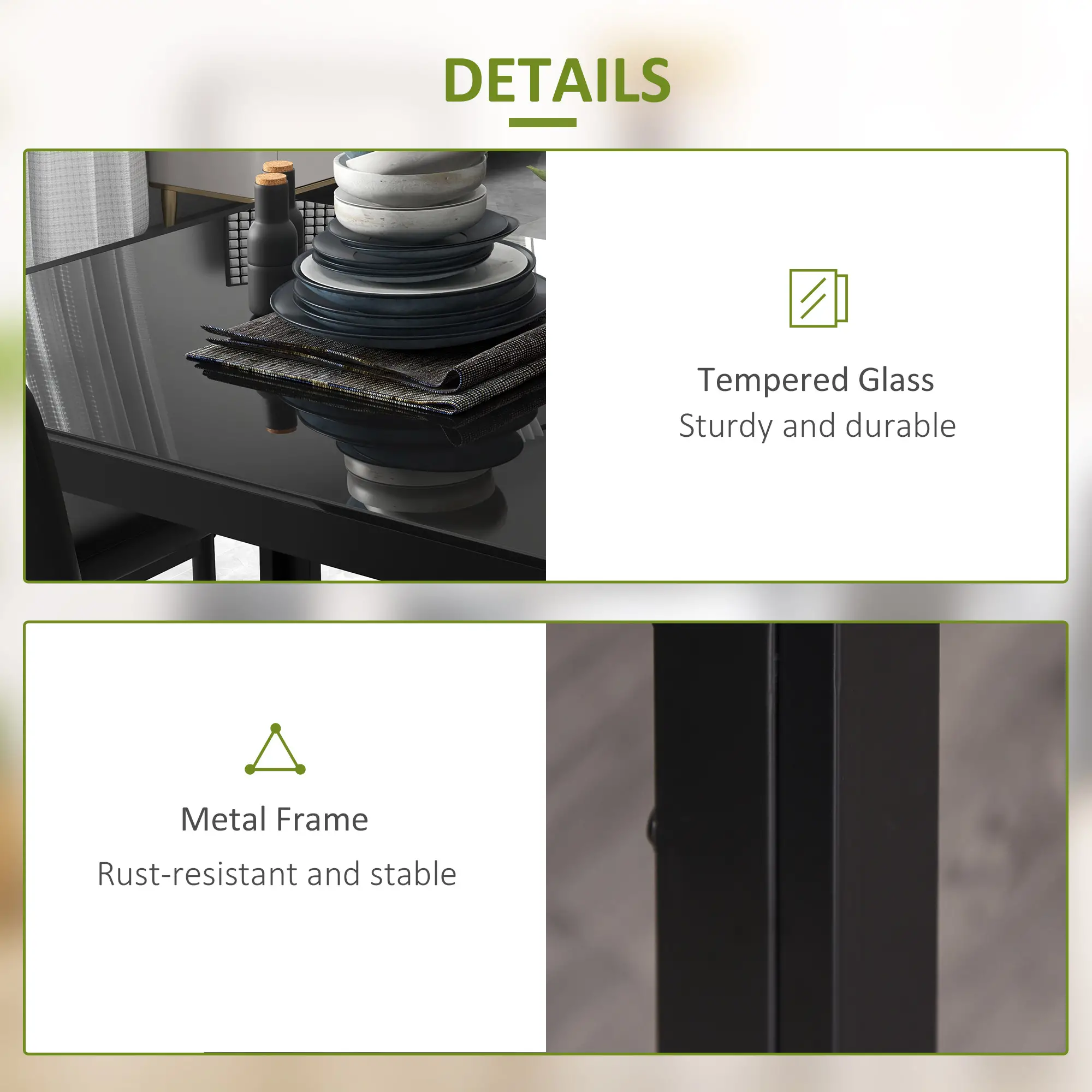 5-Piece Rectangular Glass Kitchen Table and Chairs with Metal Frame and Faux Leather Upholstery for Dining Room