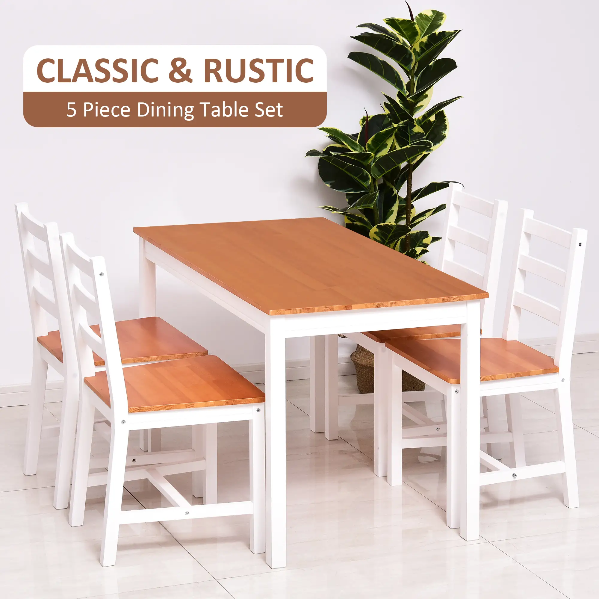 5 Piece Pine Wood Kitchen Table with High Back Chairs, Rectangular Table and 4 Armless Chair, White and Natural Wood