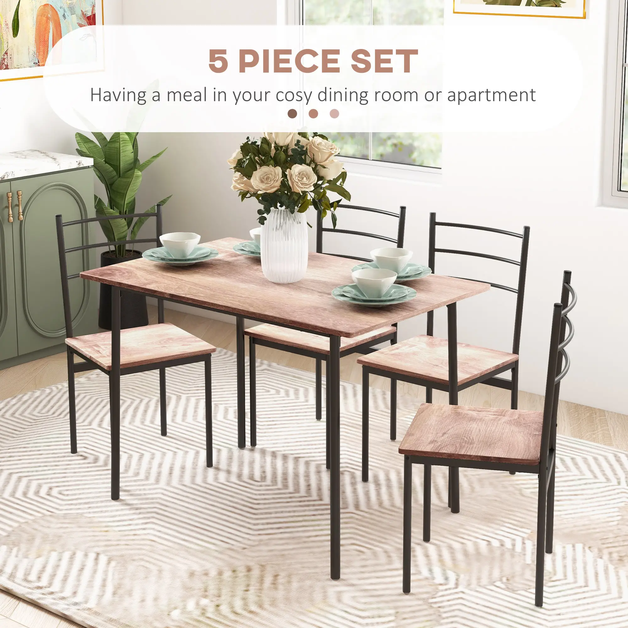5 Piece Dining Table Set for 4, Space Saving Kitchen Table and 4 Chairs, Rectangle, Steel Frame for Dining Room