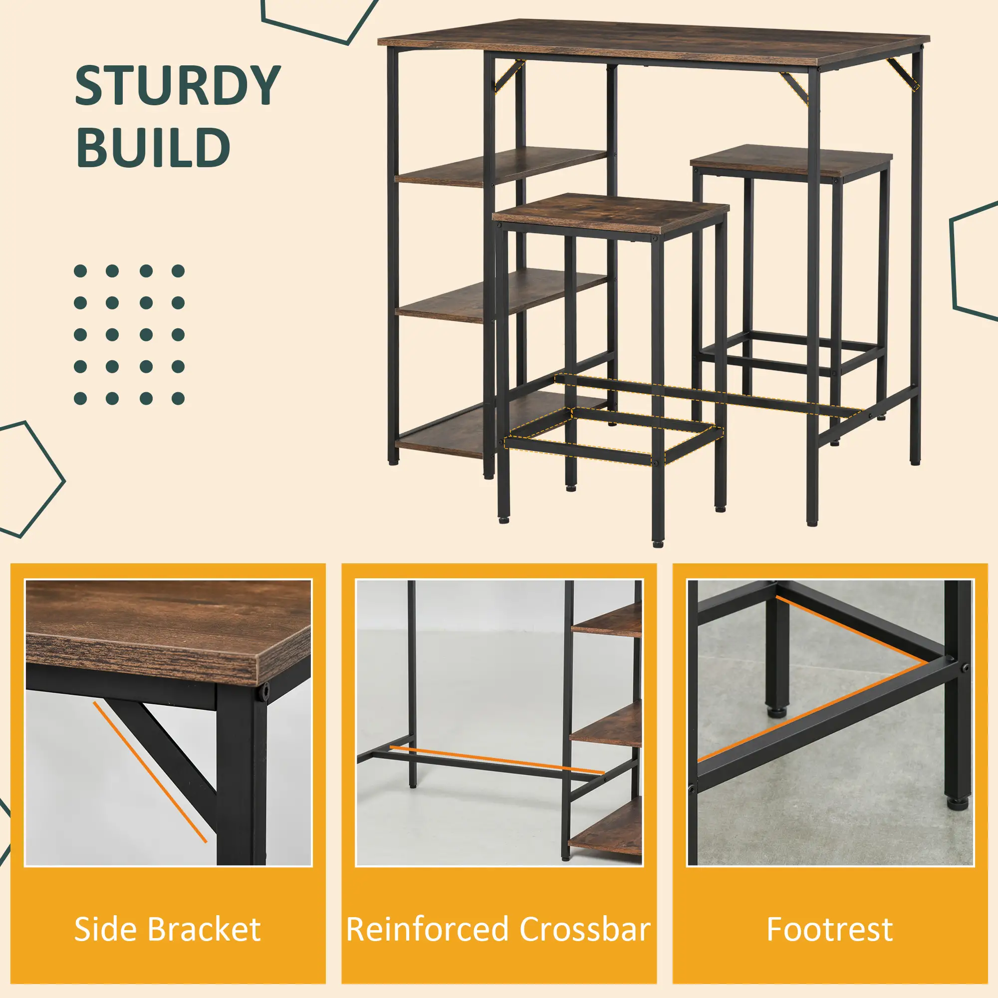  Dining Table Set for 2, Bar Table and Stools Set, Counter Height Kitchen Table with Chairs with Storage Shelf, Rustic Brown