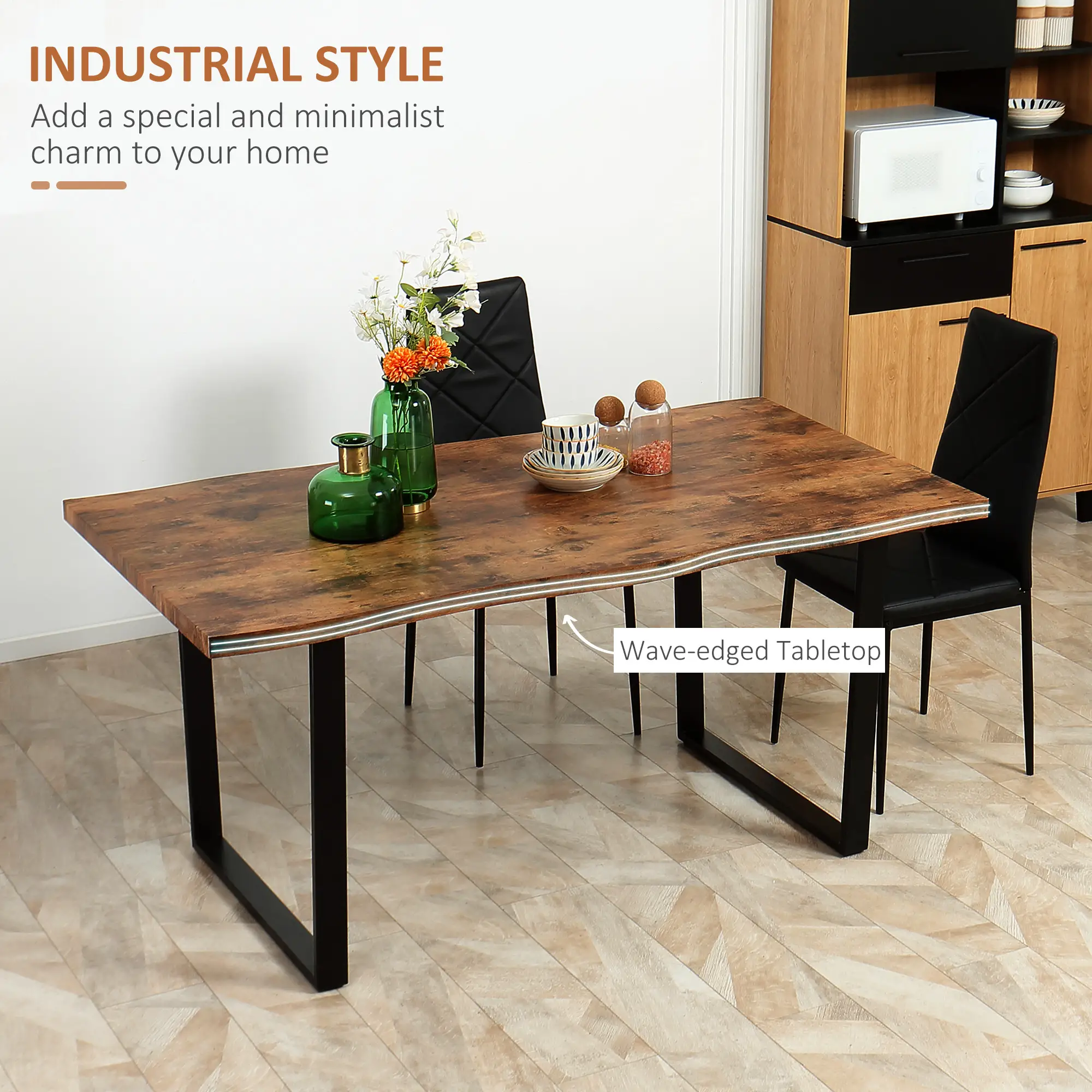 63" Kitchen Table, Industrial Dining Table with Wave-edged Tabletop and Steel Legs for Up to 6 People, Rustic Brown