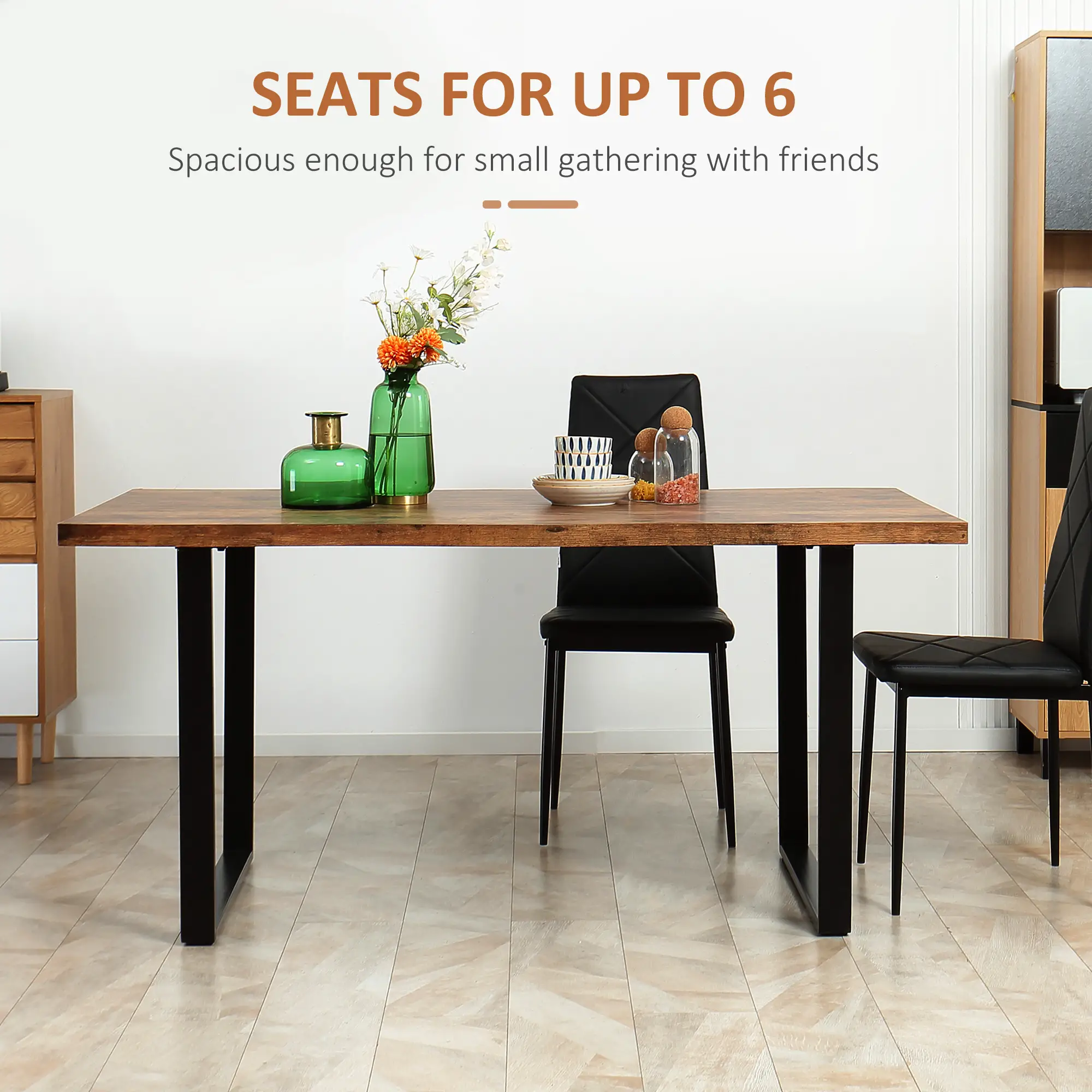 63" Kitchen Table, Industrial Dining Table with Wave-edged Tabletop and Steel Legs for Up to 6 People, Rustic Brown