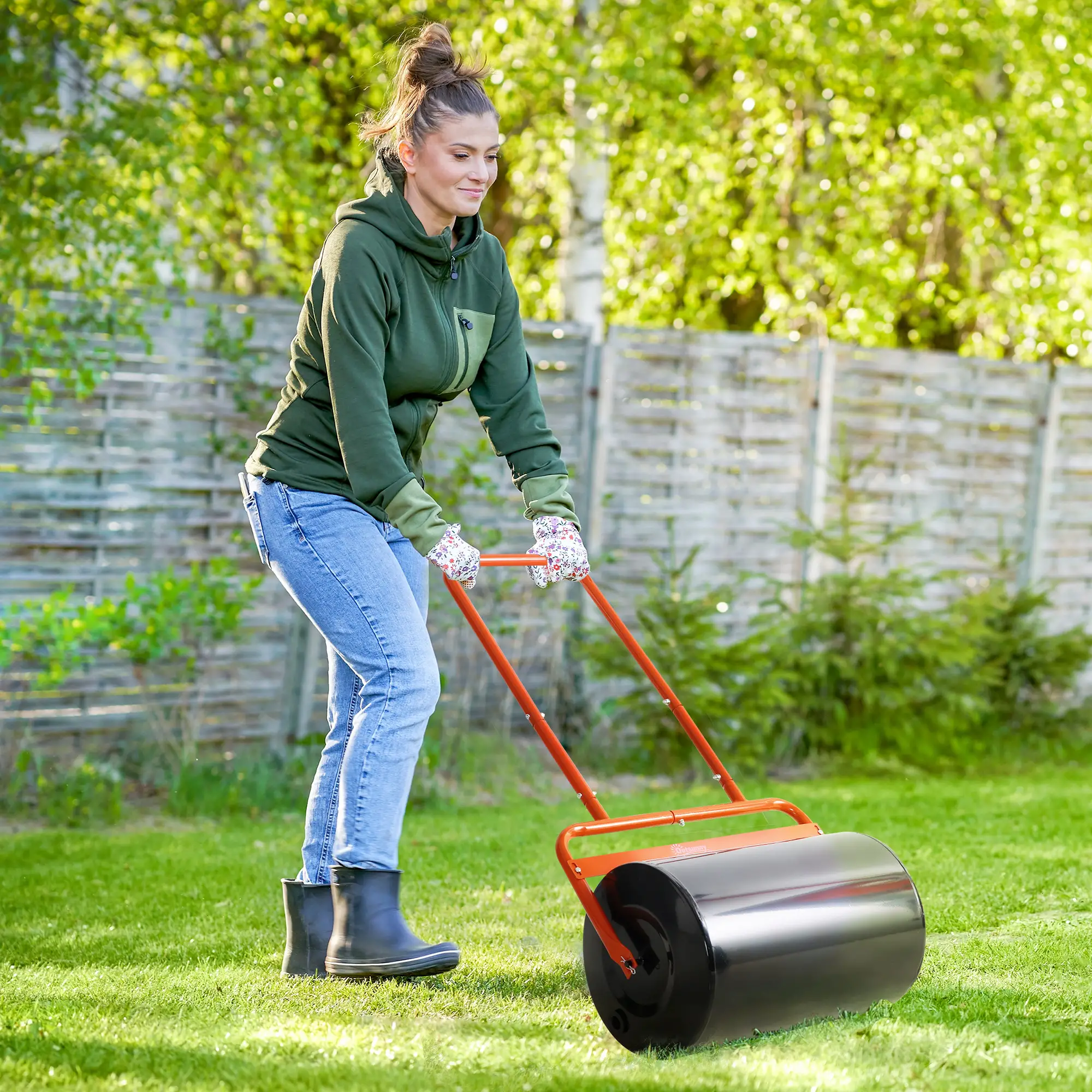 Heavy Duty Lawn Roller, 20" Push/Tow Behind Sod Roller, Grass Flattener Filled with 11gal Water/136lbs Sand, Red