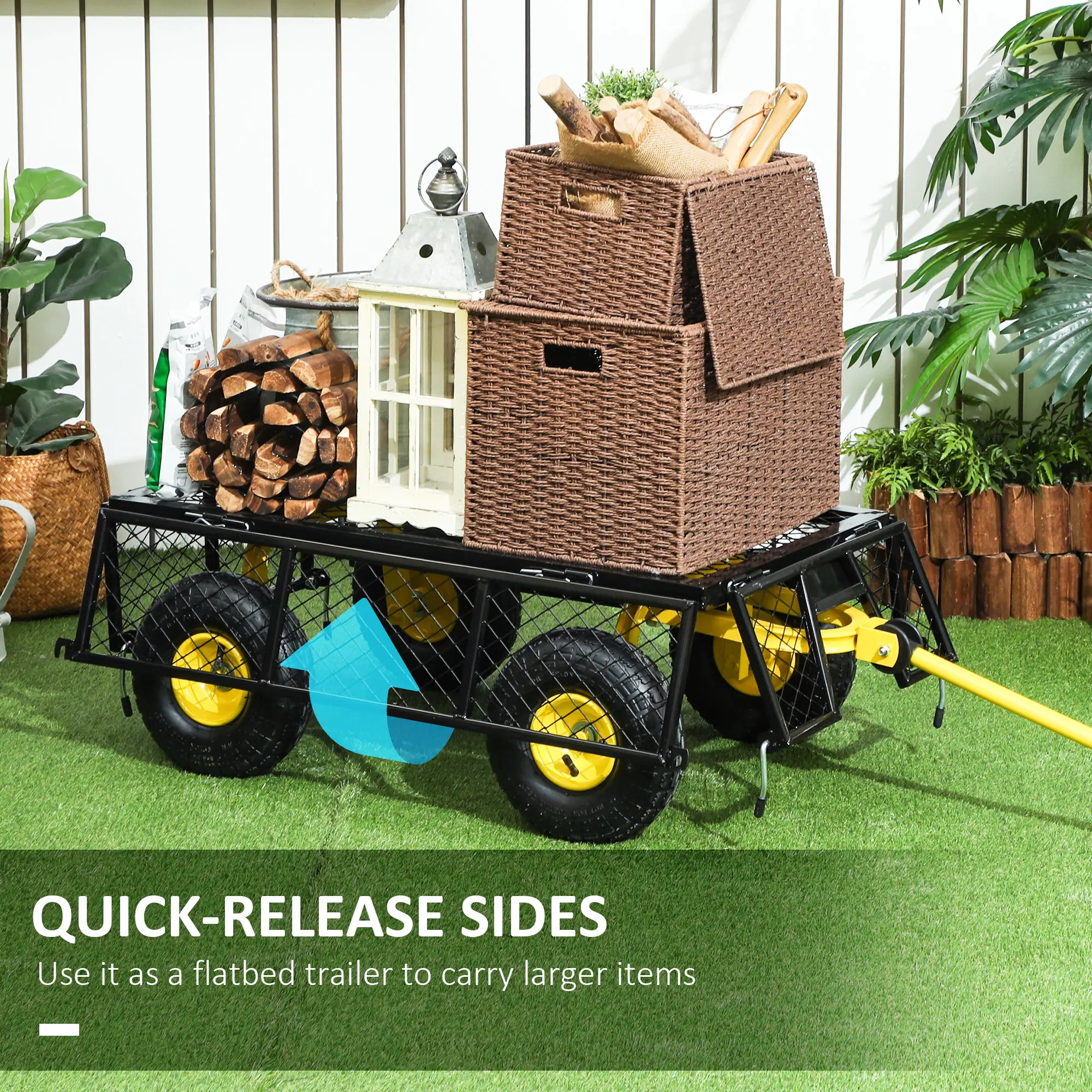  Steel Garden Cart, Utility Wagon with Removable Sides, 10" Wheels, 180° Rotating Handle, 440lbs Capatity