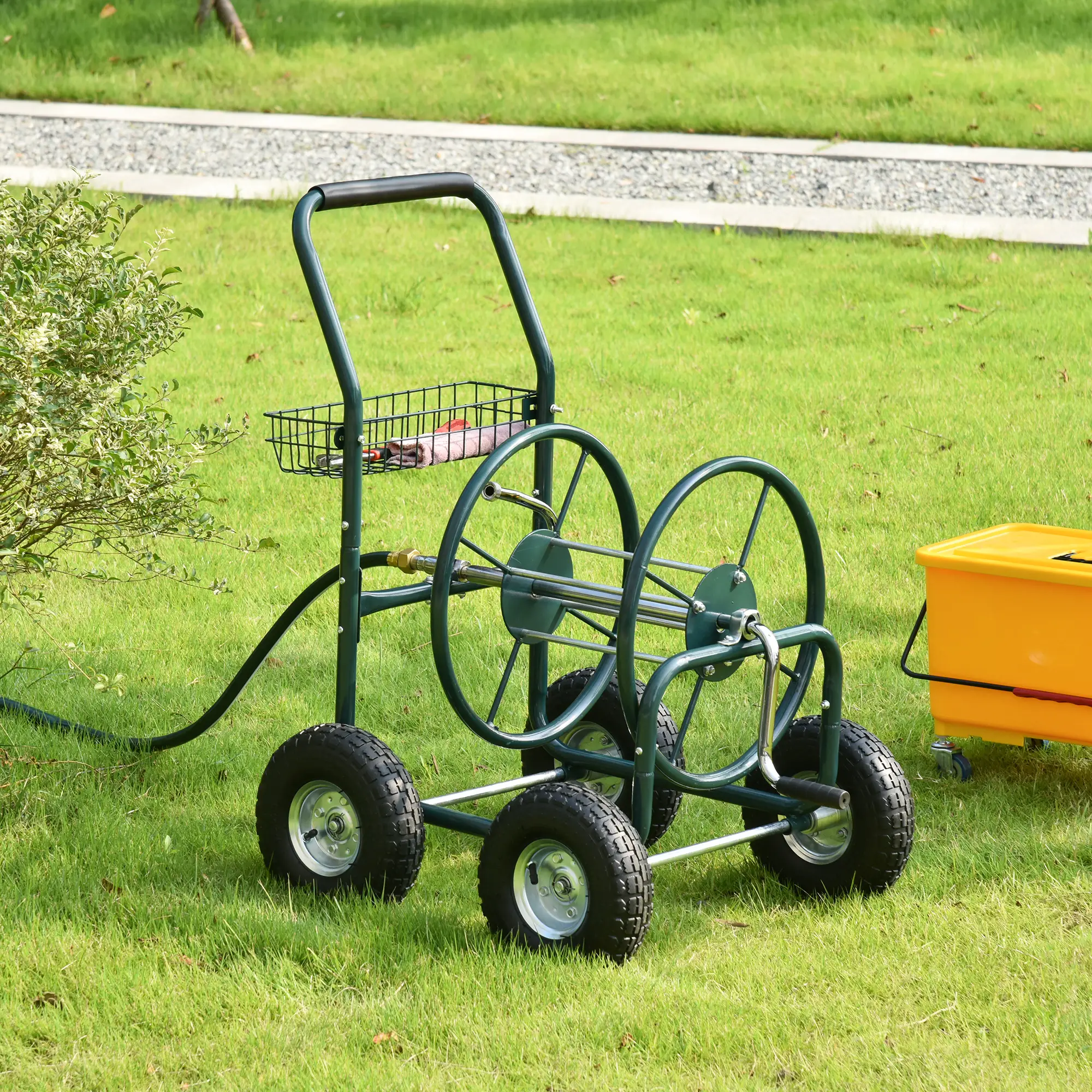 Garden Hose Reel Cart, Portable Hose Organizer with Hose Guide System, 4 Wheels & Storage Basket for Yard, Garden, Farm