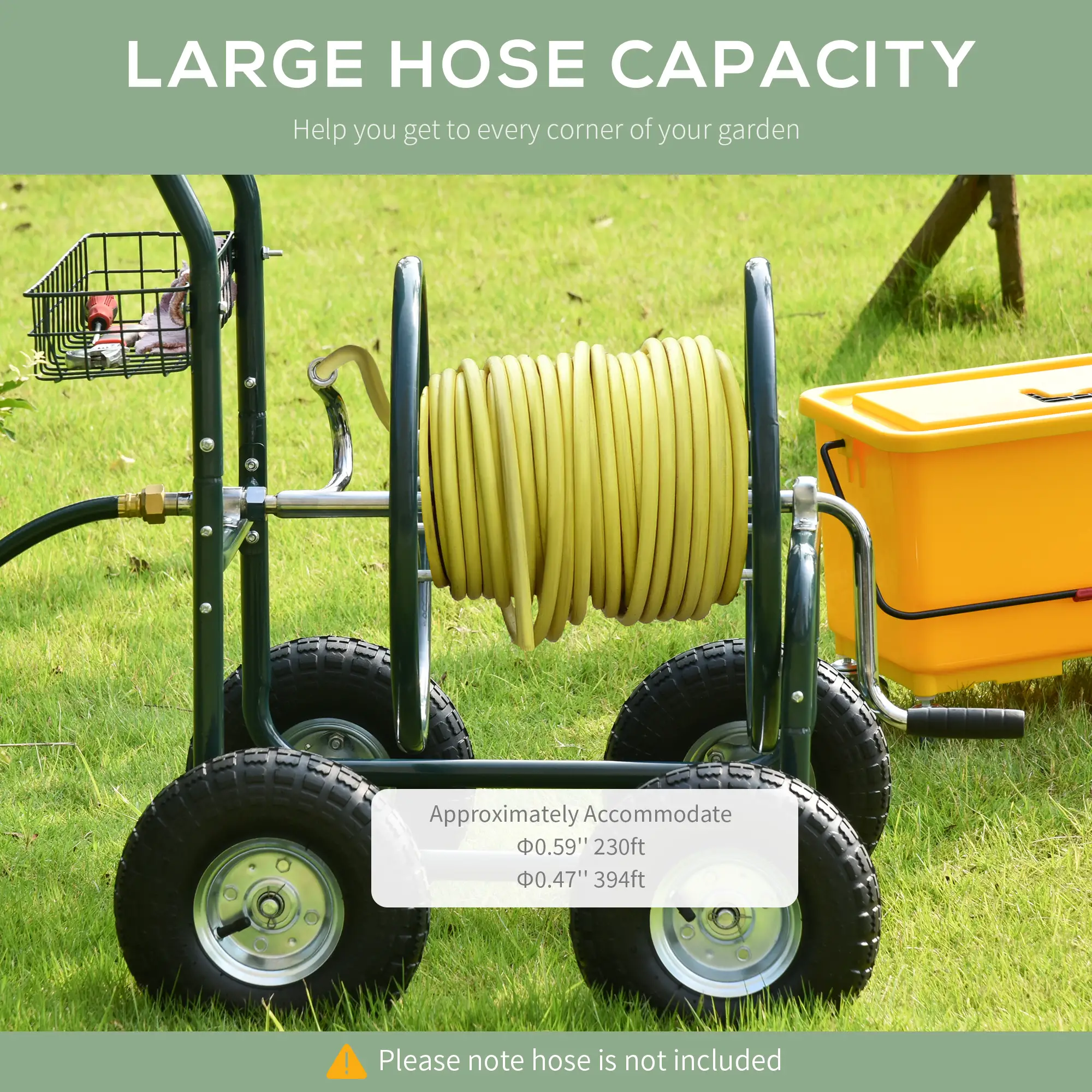 Garden Hose Reel Cart, Portable Hose Organizer with Hose Guide System, 4 Wheels & Storage Basket for Yard, Garden, Farm
