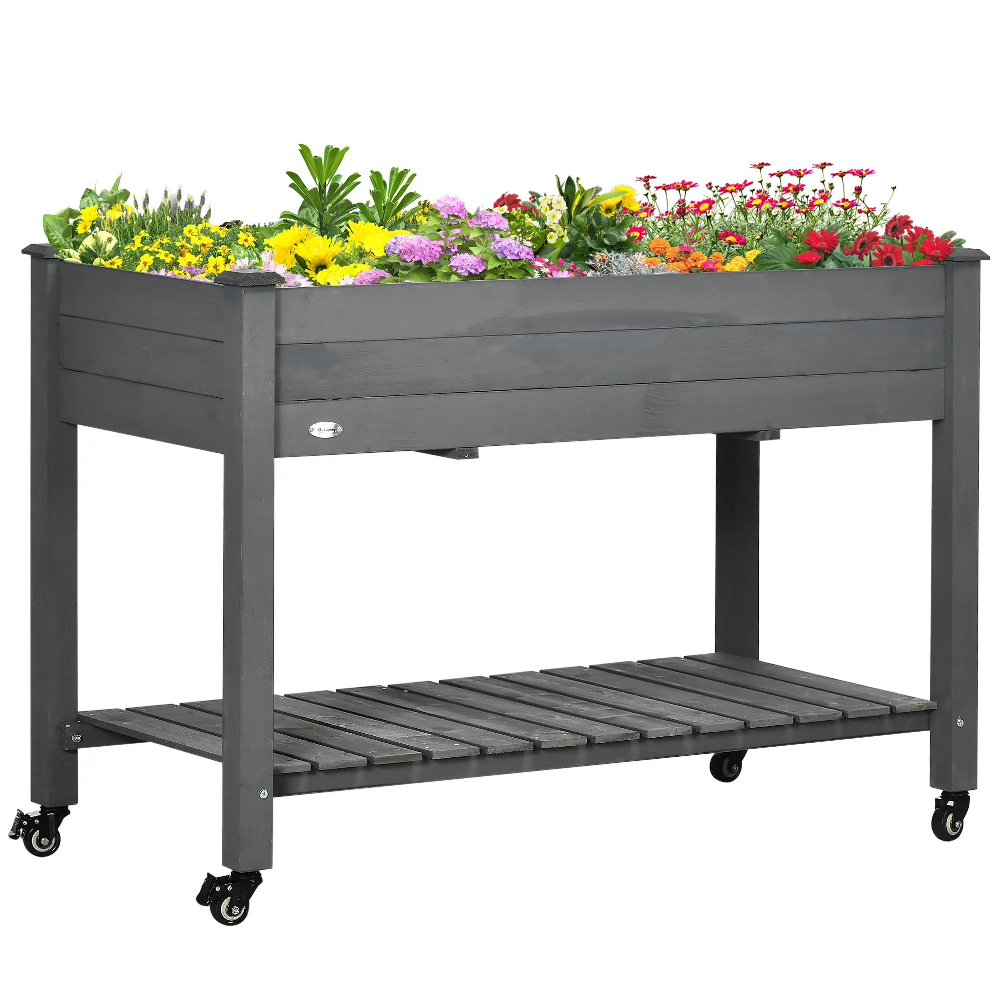 Mobile Raised Garden Bed Elevated Wood Planter Box w/ Lockable Wheels, Storage Shelf for Herbs Vegetables