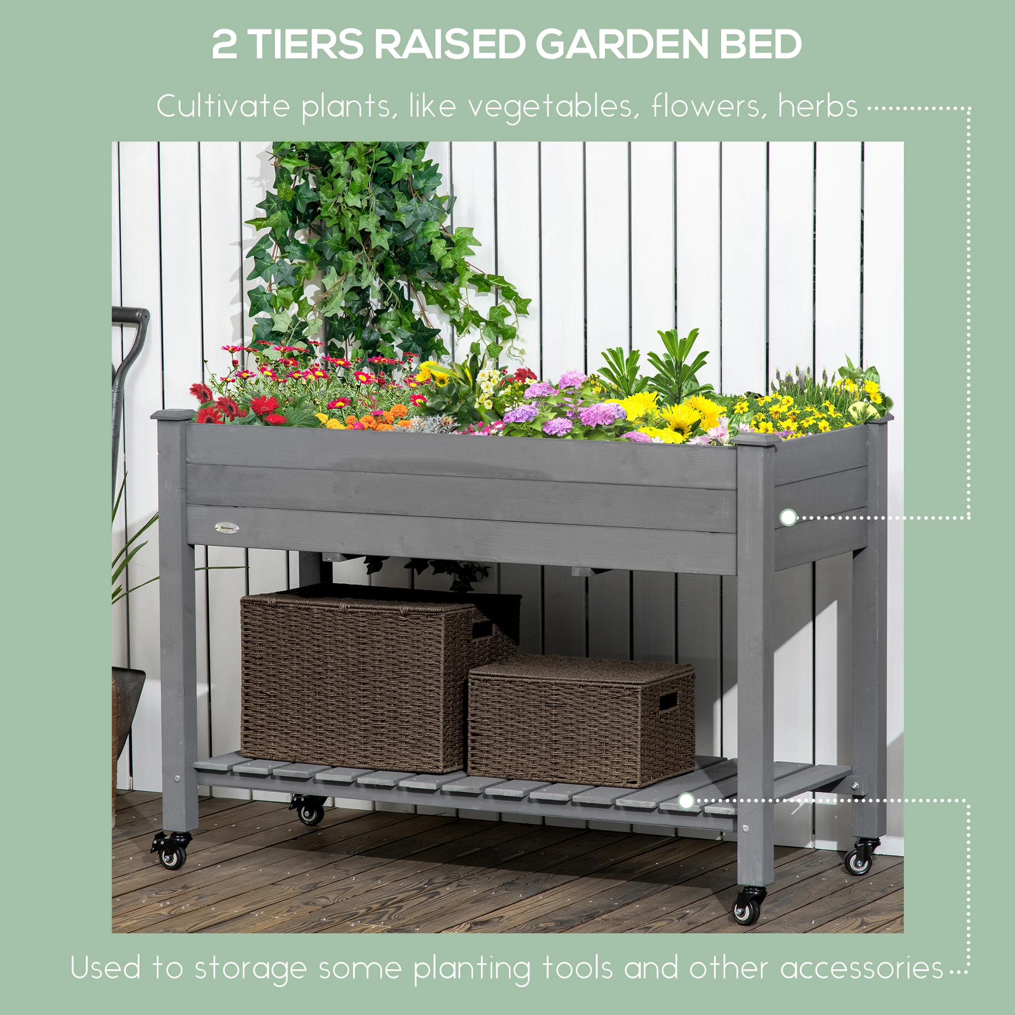 Mobile Raised Garden Bed Elevated Wood Planter Box w/ Lockable Wheels, Storage Shelf for Herbs Vegetables