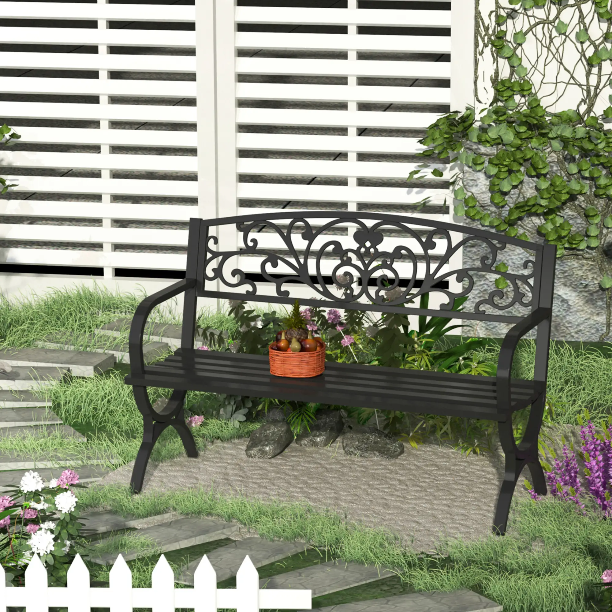 2-Seater Garden Bench, Patio Porch Decorative Chair Cast Iron Loveseat Outdoor Furniture for Yard, Lawn, Porch, Black