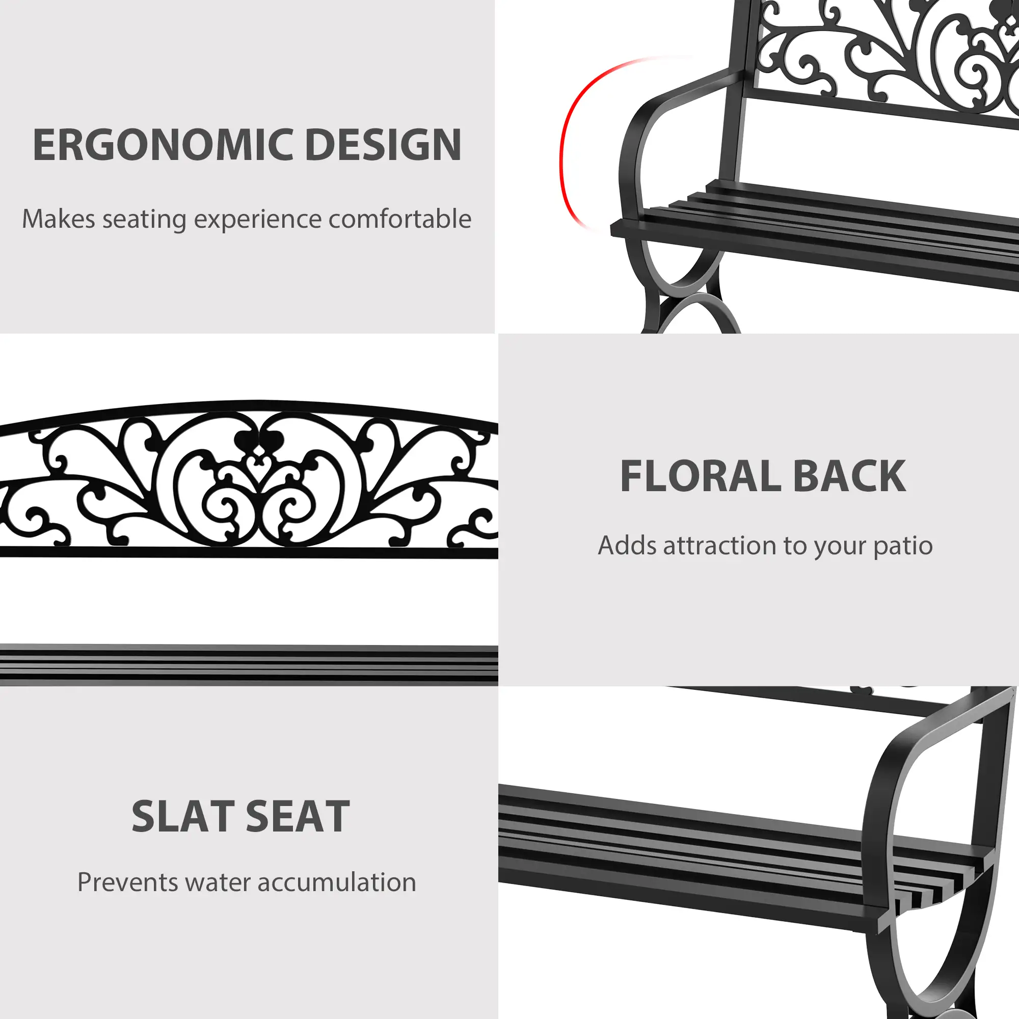 2-Seater Garden Bench, Patio Porch Decorative Chair Cast Iron Loveseat Outdoor Furniture for Yard, Lawn, Porch, Black