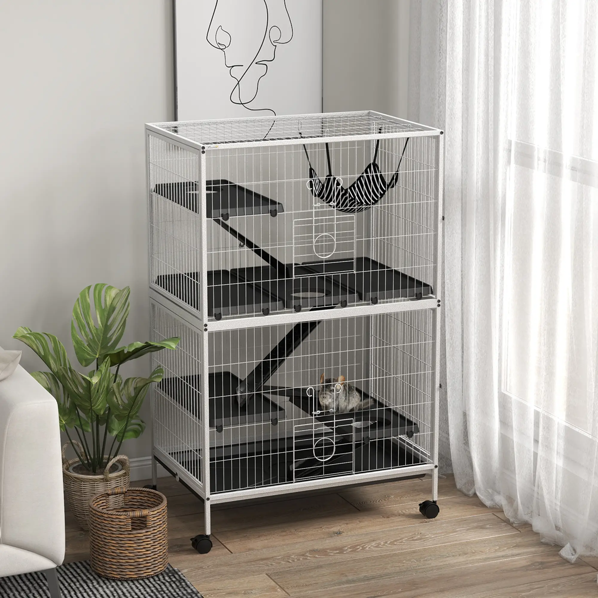5-Tier Rolling Small Animal Cage, Deluxe Guinea Pig Cage, Ferret Cage for Mink Chinchilla Kitten Rabbit, Light Grey