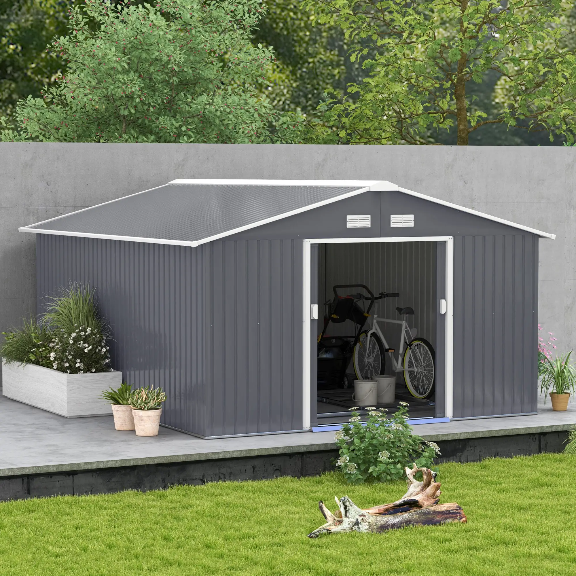 11.2ft x 12.5ft Practical Backyard Garden Storage Tool Shed 4 Ventilation Slots Double Sliding Door, Grey