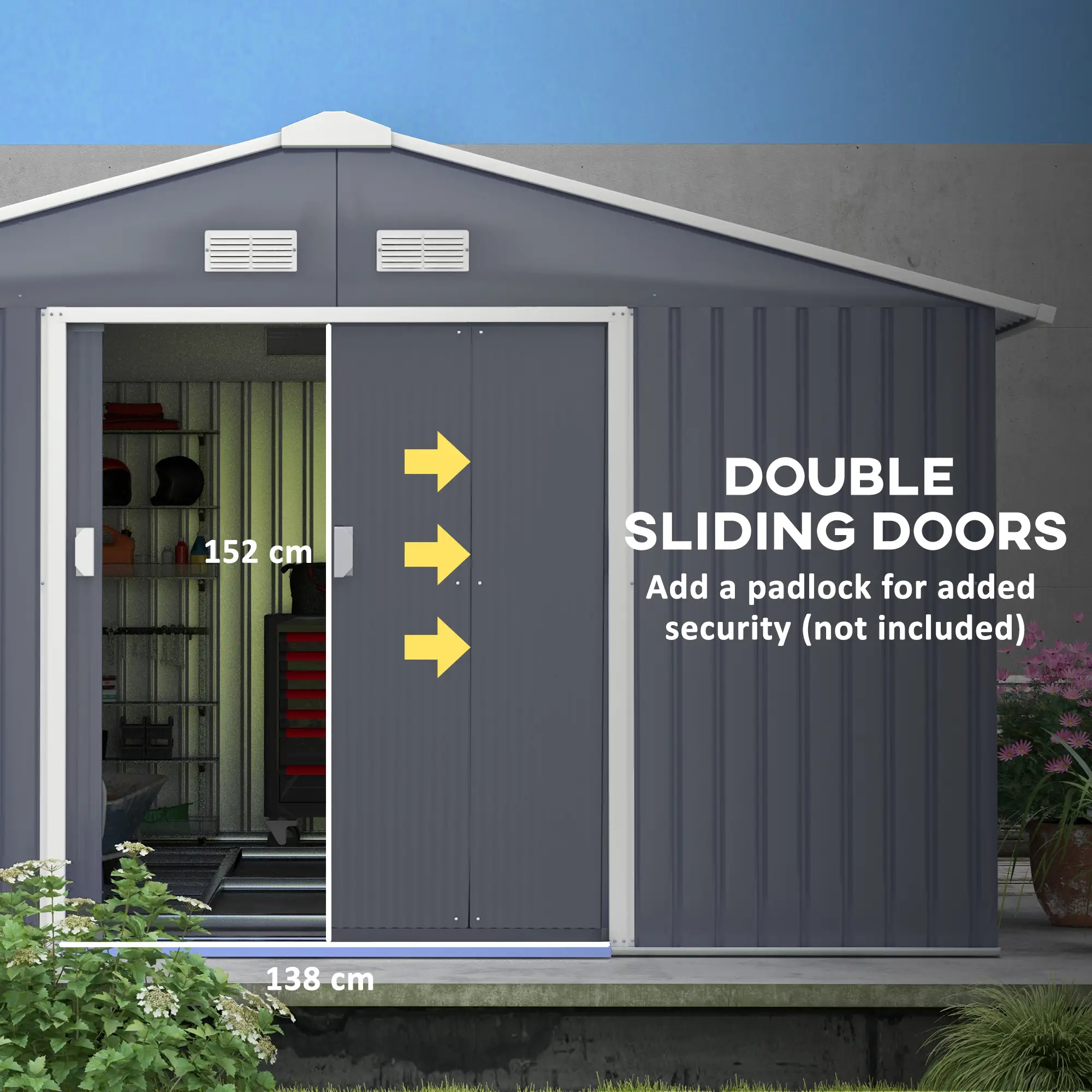 11.2ft x 12.5ft Practical Backyard Garden Storage Tool Shed 4 Ventilation Slots Double Sliding Door, Grey