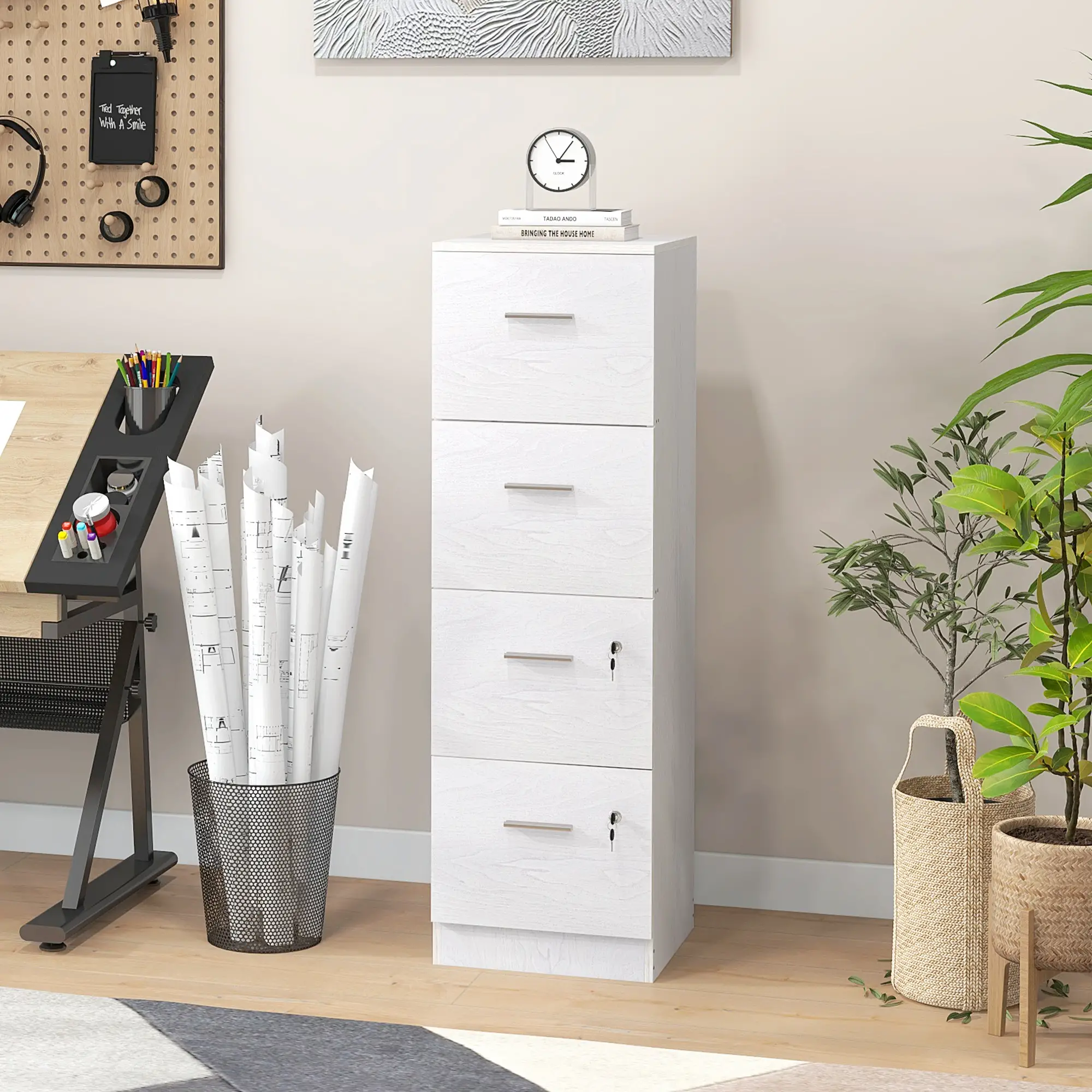 Vertical Filing Cabinet with Lock, 4 Drawer File Cabinet with Adjustable Hanging Bar for A4 and Letter Size, White