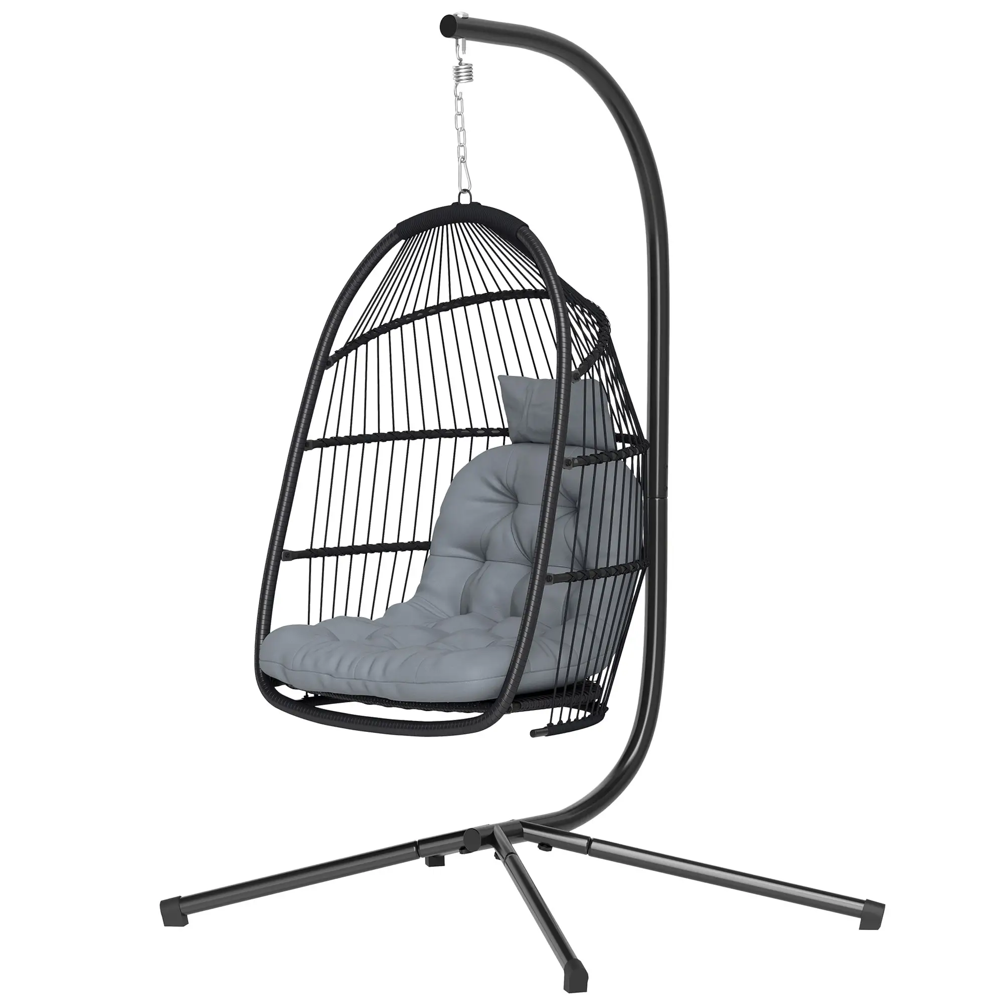 Wicker Egg Swing Chair with Stand, Foldable Hanging Egg Chair with UV Resistant Cushion, Headrest, Dark Grey