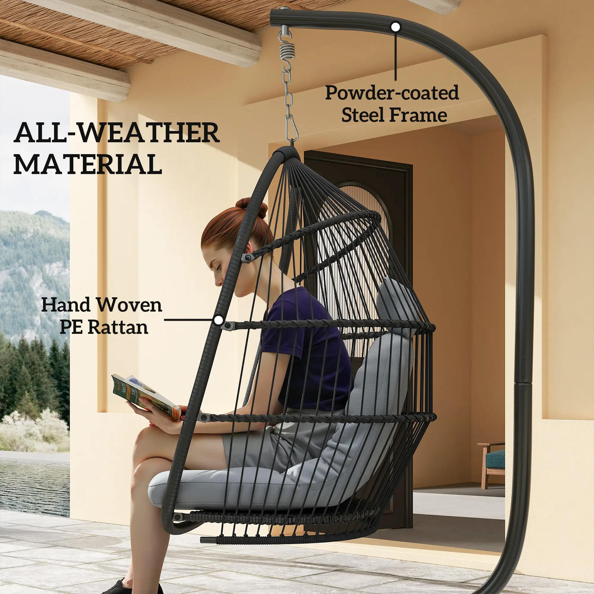 Wicker Egg Swing Chair with Stand, Foldable Hanging Egg Chair with UV Resistant Cushion, Headrest, Dark Grey