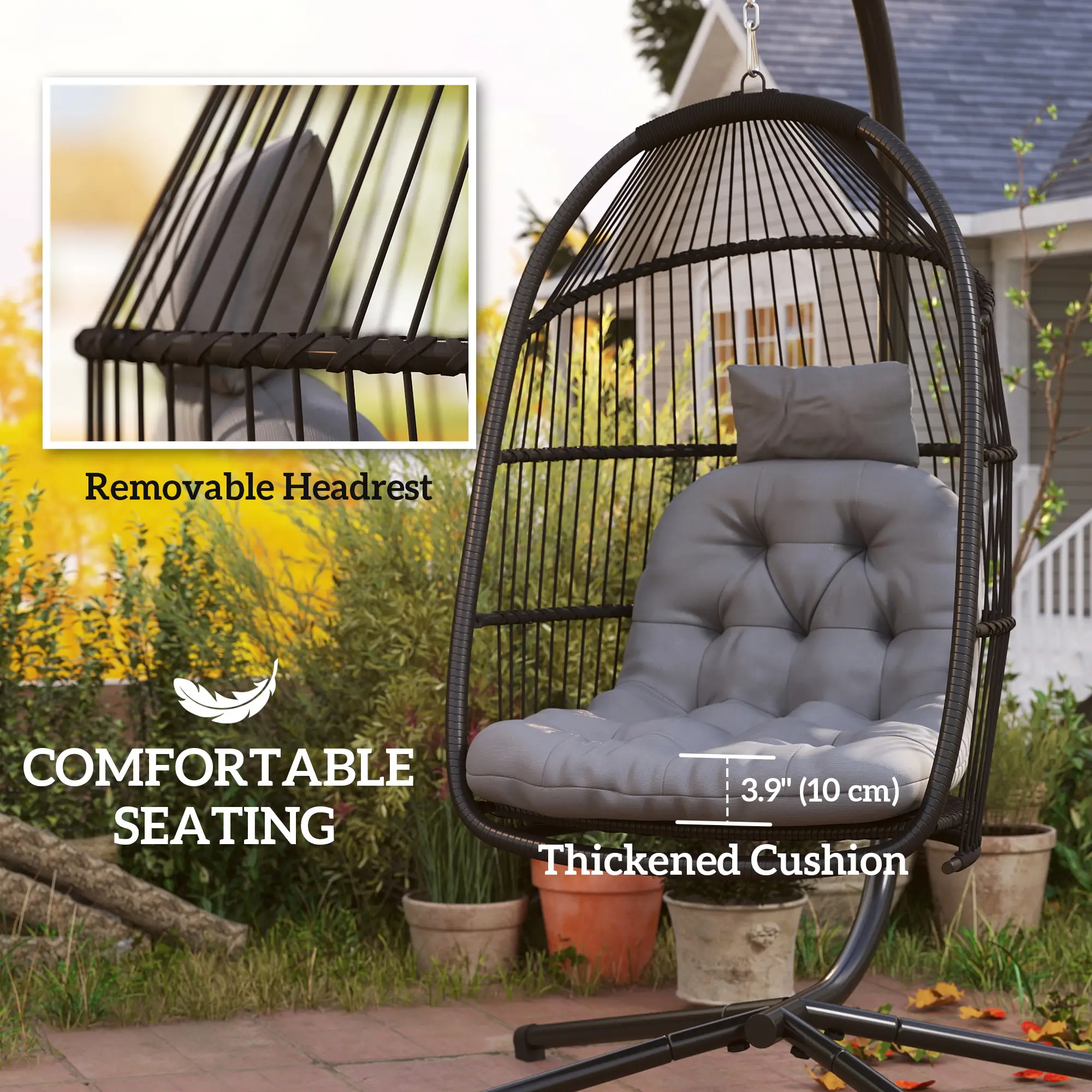 Wicker Egg Swing Chair with Stand, Foldable Hanging Egg Chair with UV Resistant Cushion, Headrest, Dark Grey
