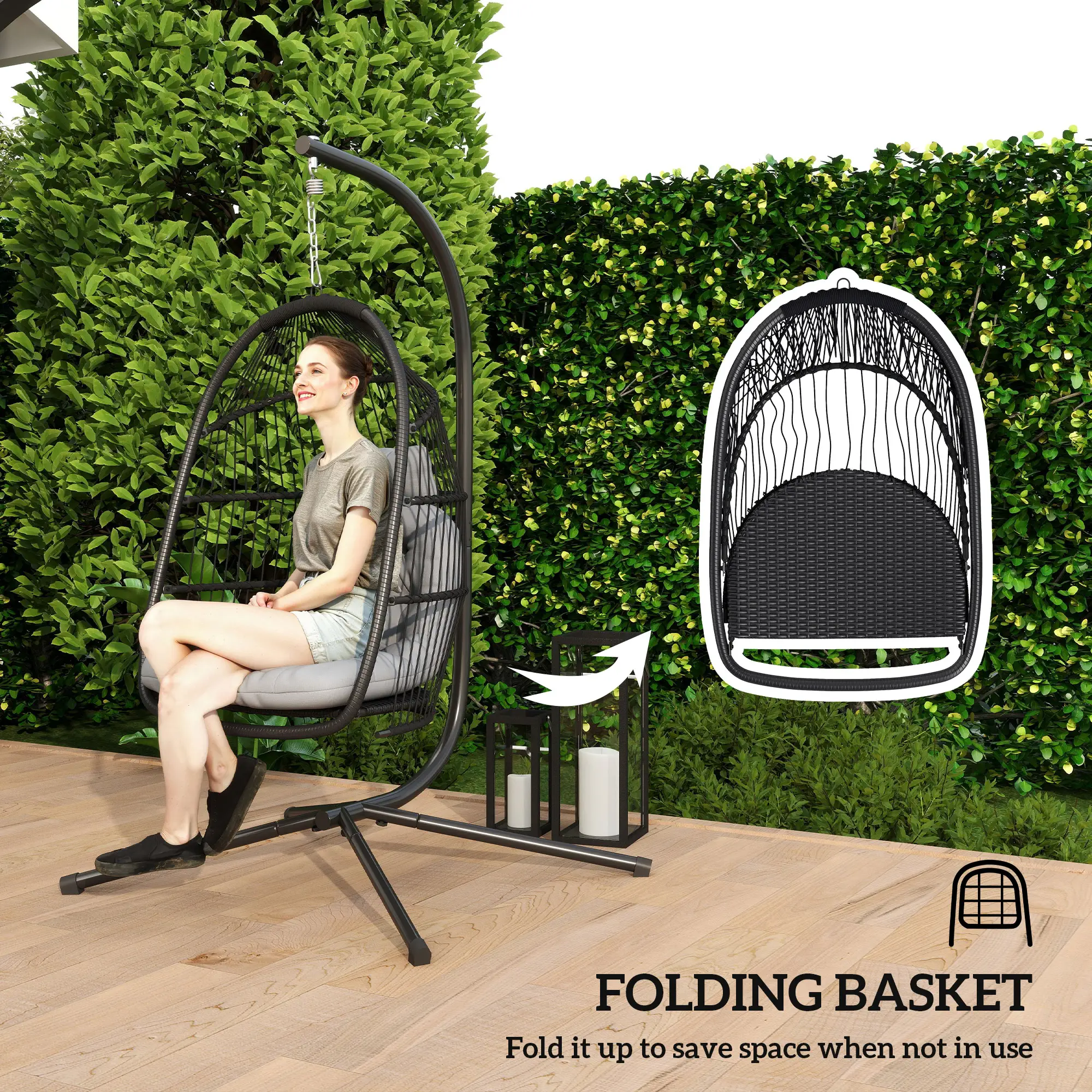 Wicker Egg Swing Chair with Stand, Foldable Hanging Egg Chair with UV Resistant Cushion, Headrest, Dark Grey
