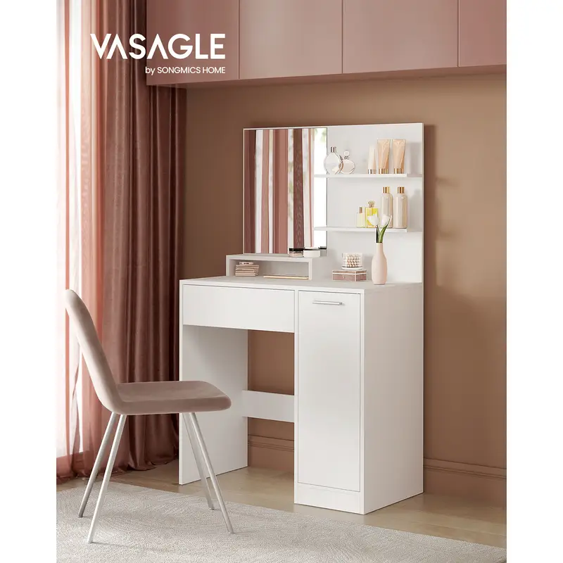 Makeup Vanity Desk with Mirror, Storage Cabinet, Vanity Table with 1 Drawer, 2 Shelves