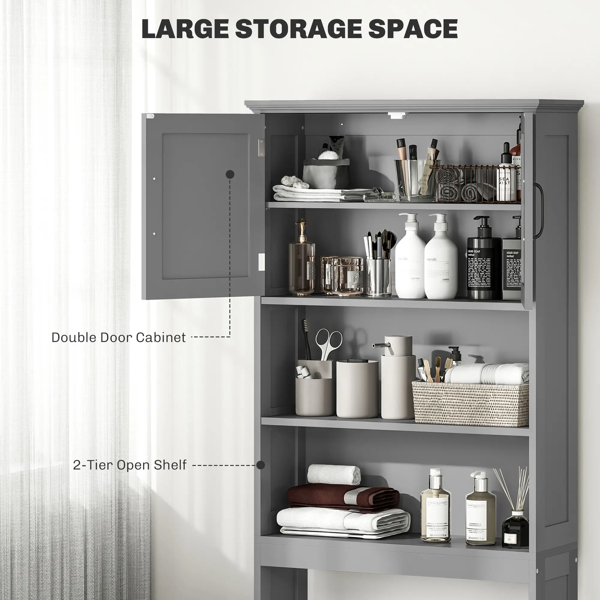 Modern Over The Toilet Storage, Bathroom Cabinets Over Toilet with Open Shelves and Double Door Cabinet, Grey