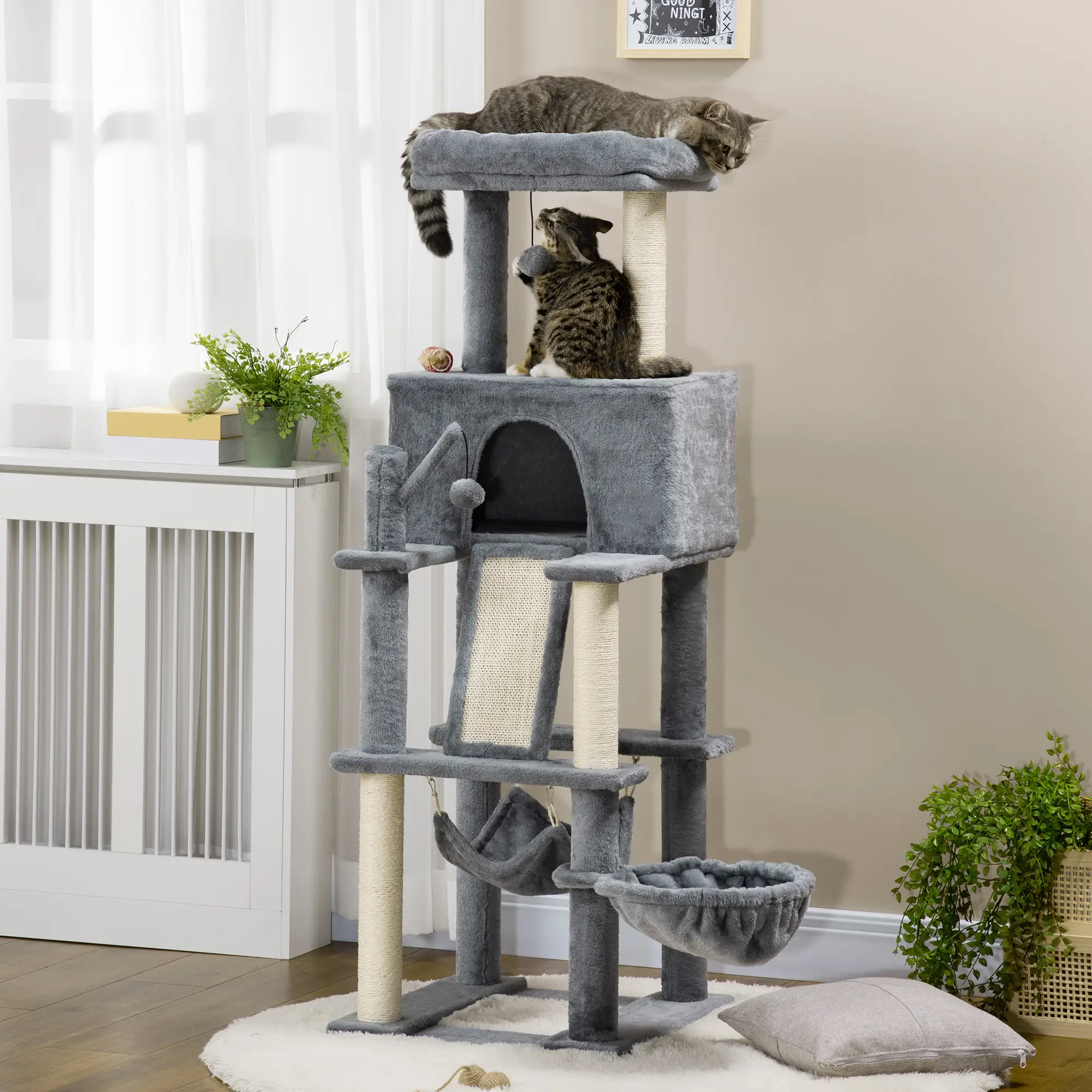 55" Cat Tree for Indoor Cats, Cat Tower, Kitty Activity Center with Cat Bed Ramp Condo Hammocks Hanging Ball Toys Sisal Rope Scratching Post, Grey