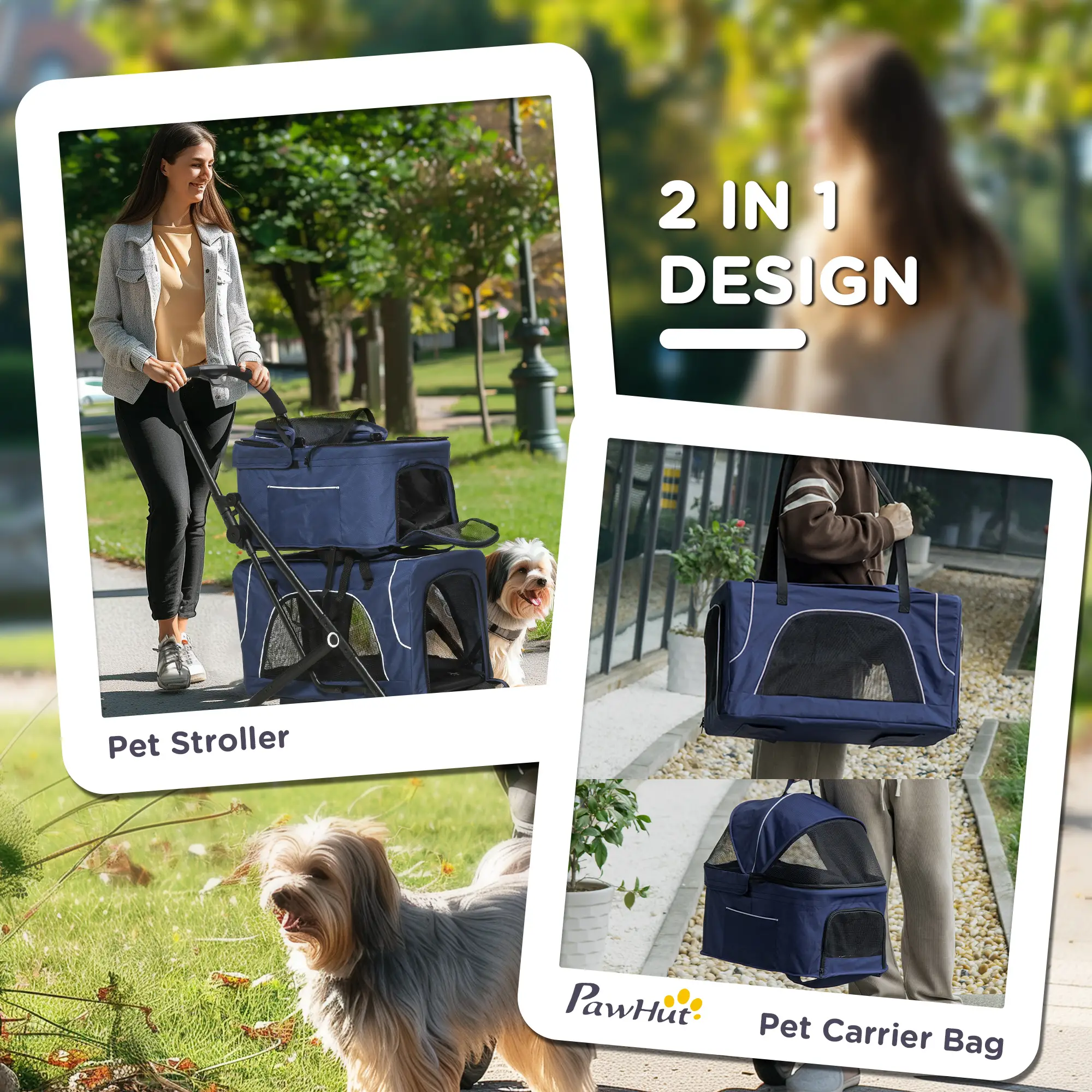 3-in-1 Double Pet Stroller for Small Miniature Dogs Cats with Removable Carrier, Foldable Travel Carrier Bag, Car Seat, Blue