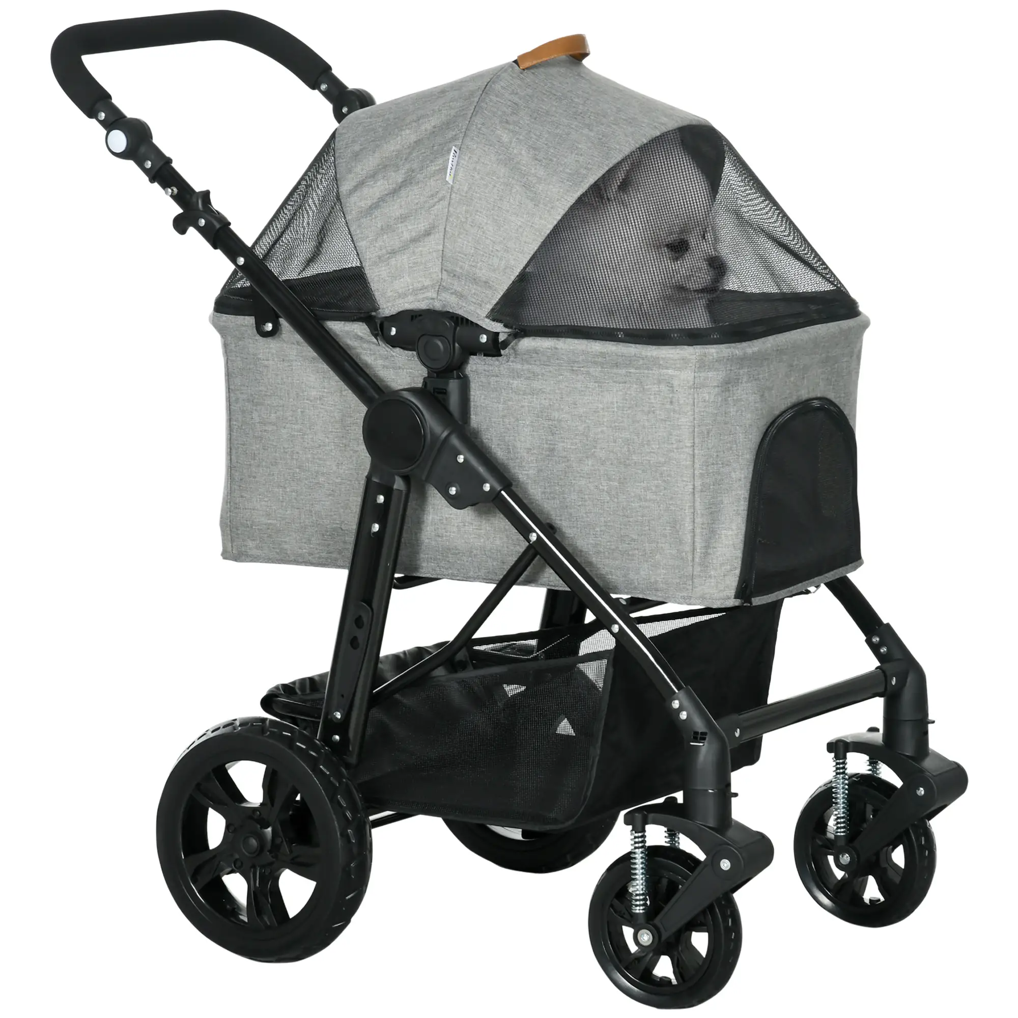  2 in 1 Dog Stroller with Detachable Carriage Bag, Adjustable Canopy, Safety Leashes, Storage Basket for S Dogs, Grey