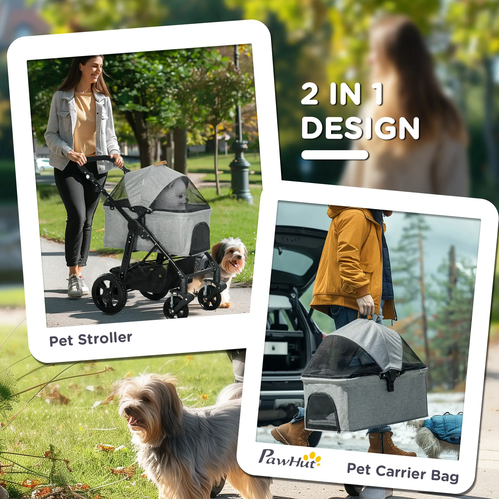  2 in 1 Dog Stroller with Detachable Carriage Bag, Adjustable Canopy, Safety Leashes, Storage Basket for S Dogs, Grey