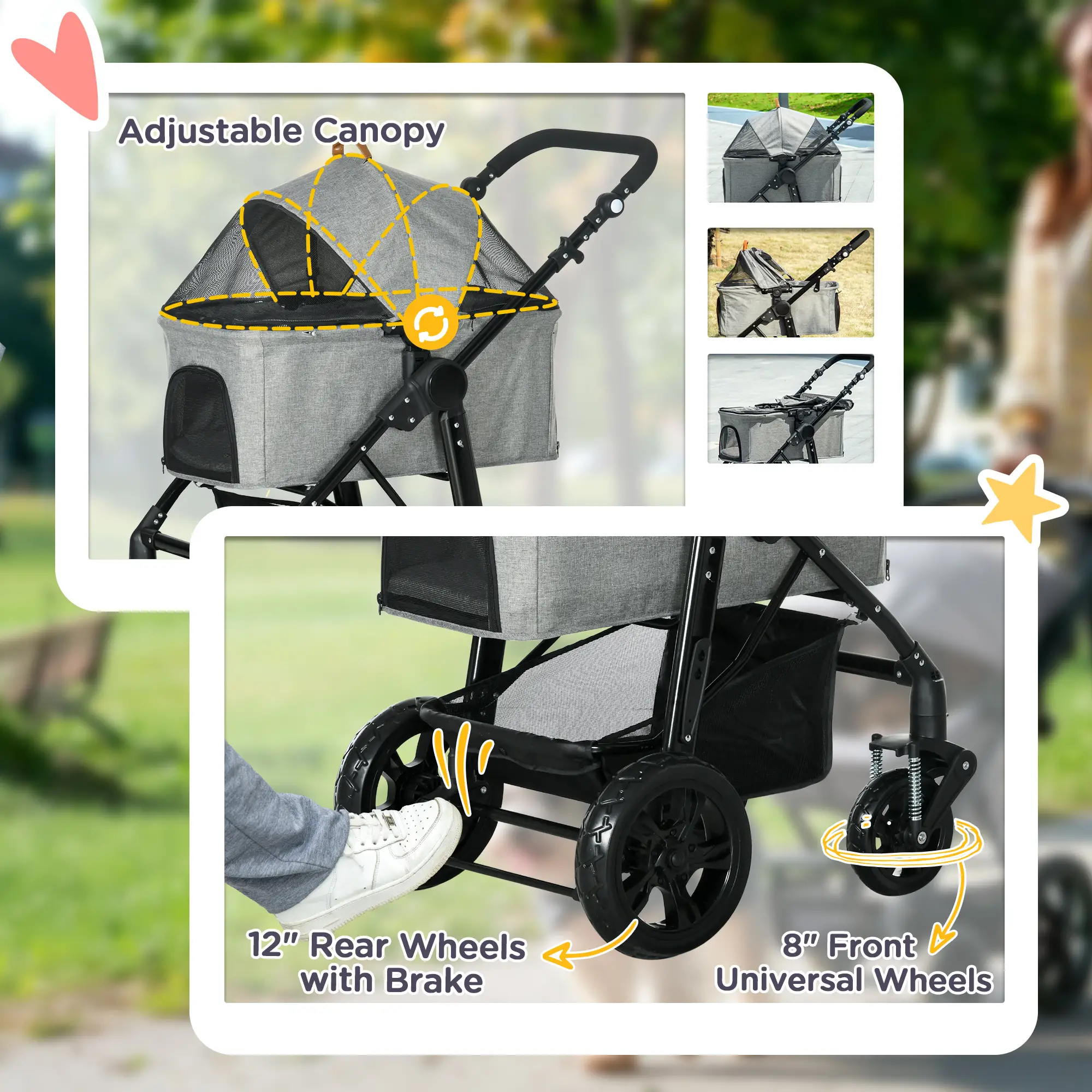  2 in 1 Dog Stroller with Detachable Carriage Bag, Adjustable Canopy, Safety Leashes, Storage Basket for S Dogs, Grey