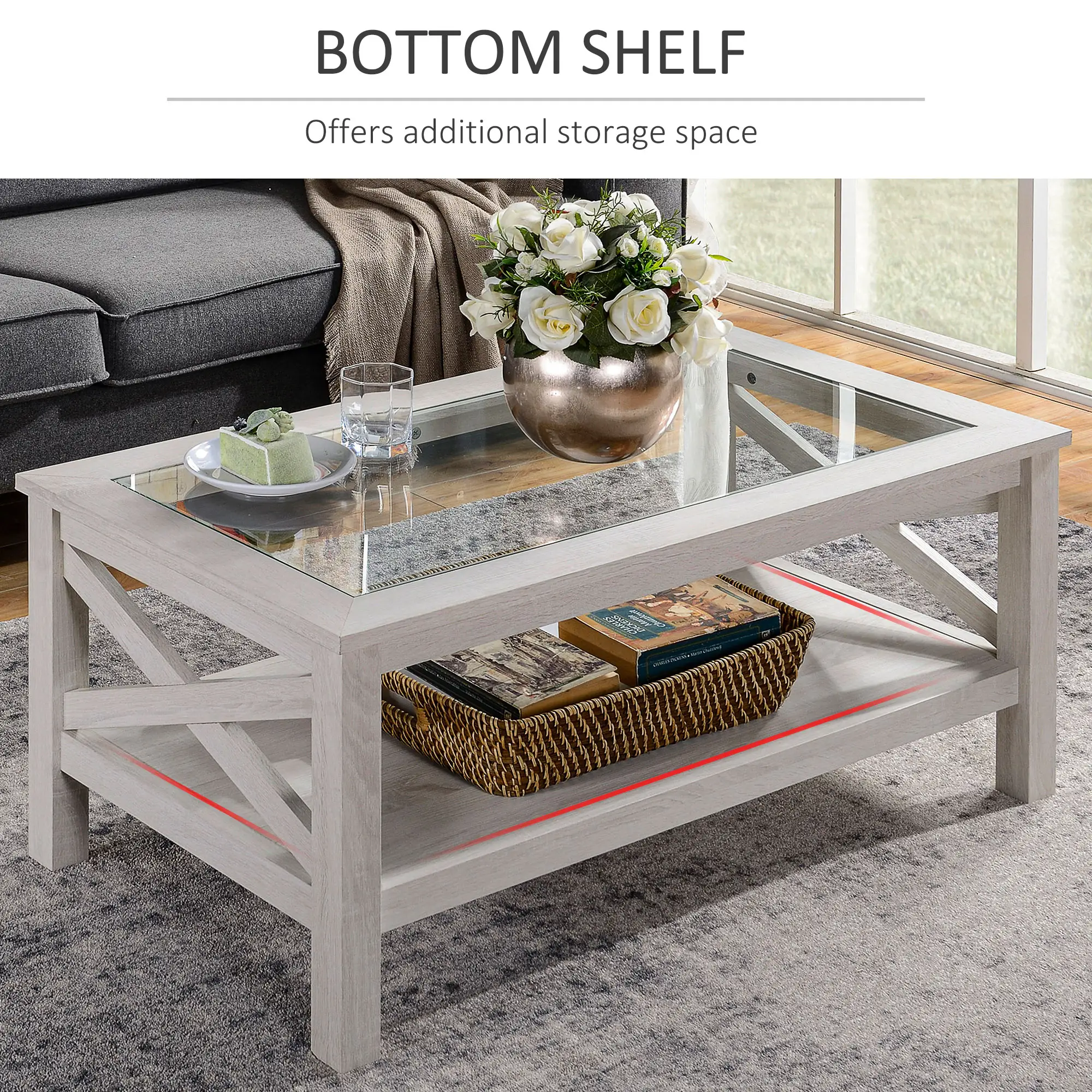 Farmhouse Coffee Table with Tempered Glass Table Top, 2-tier Center Table with Bottom Storage Shelf