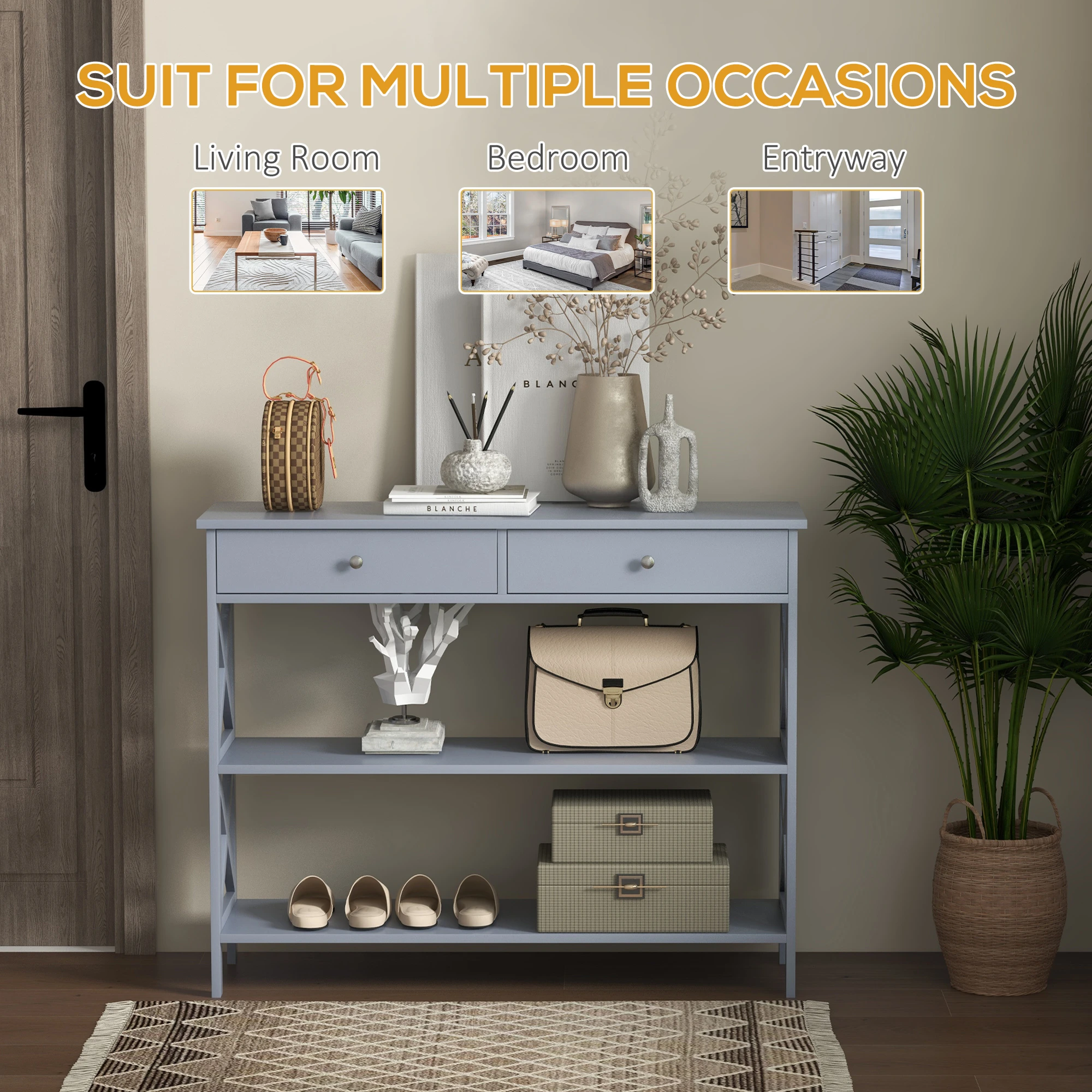 Console Table Sofa Side Desk with Storage Shelves Drawers X Frame for Living Room Entryway