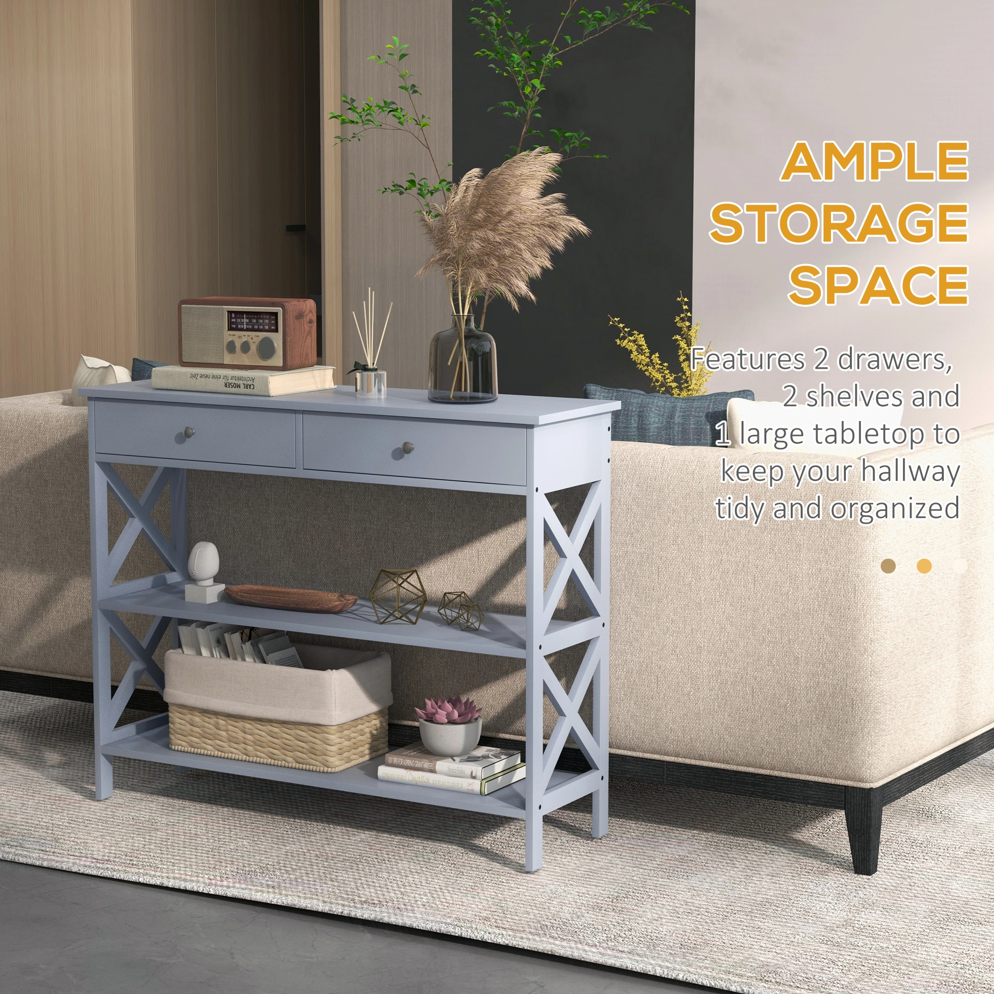Console Table Sofa Side Desk with Storage Shelves Drawers X Frame for Living Room Entryway